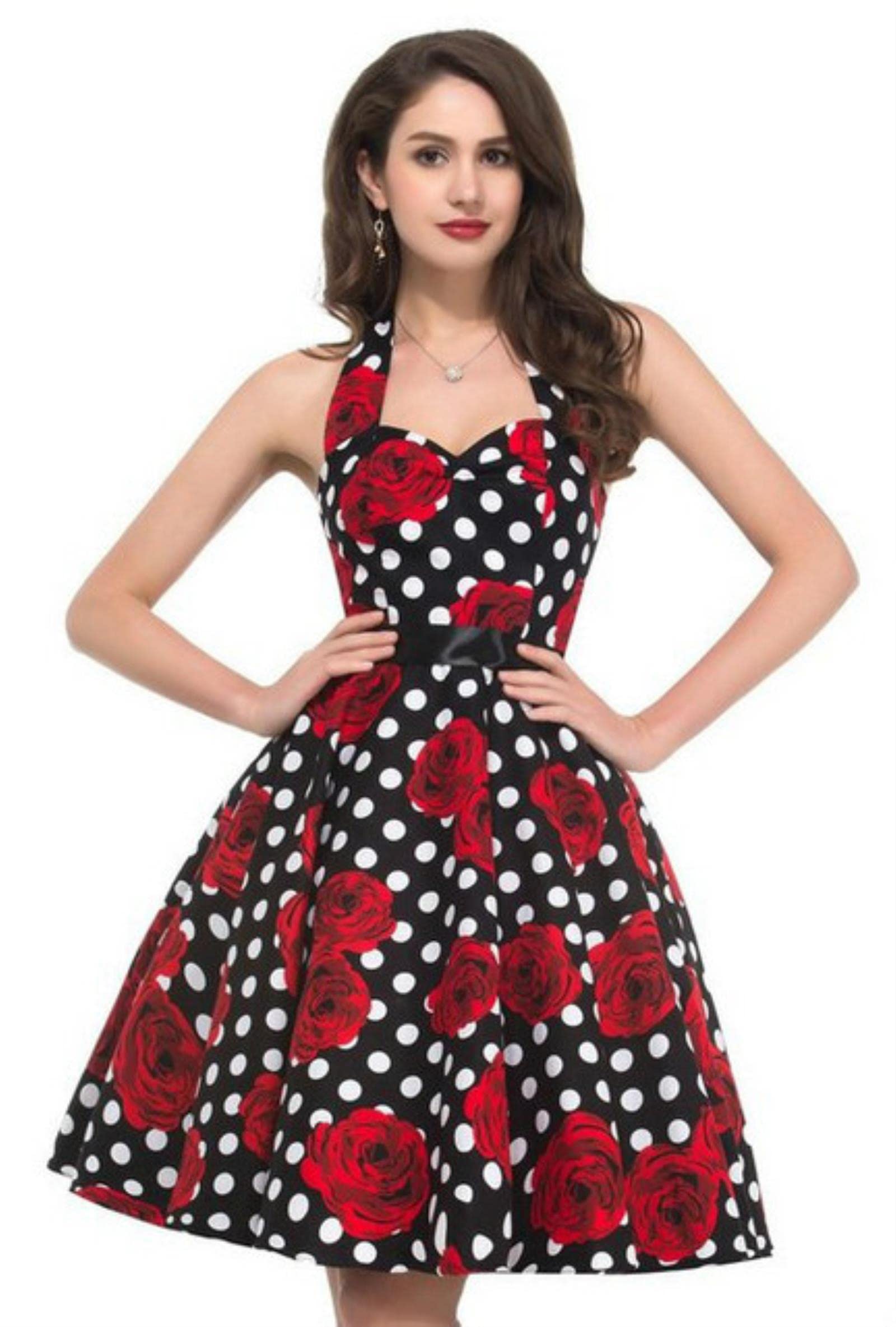 Vestito Vestito Vintage Solido Donne Sexy Polka DOT Print Halter Party Abiti Plus Size-A8,M