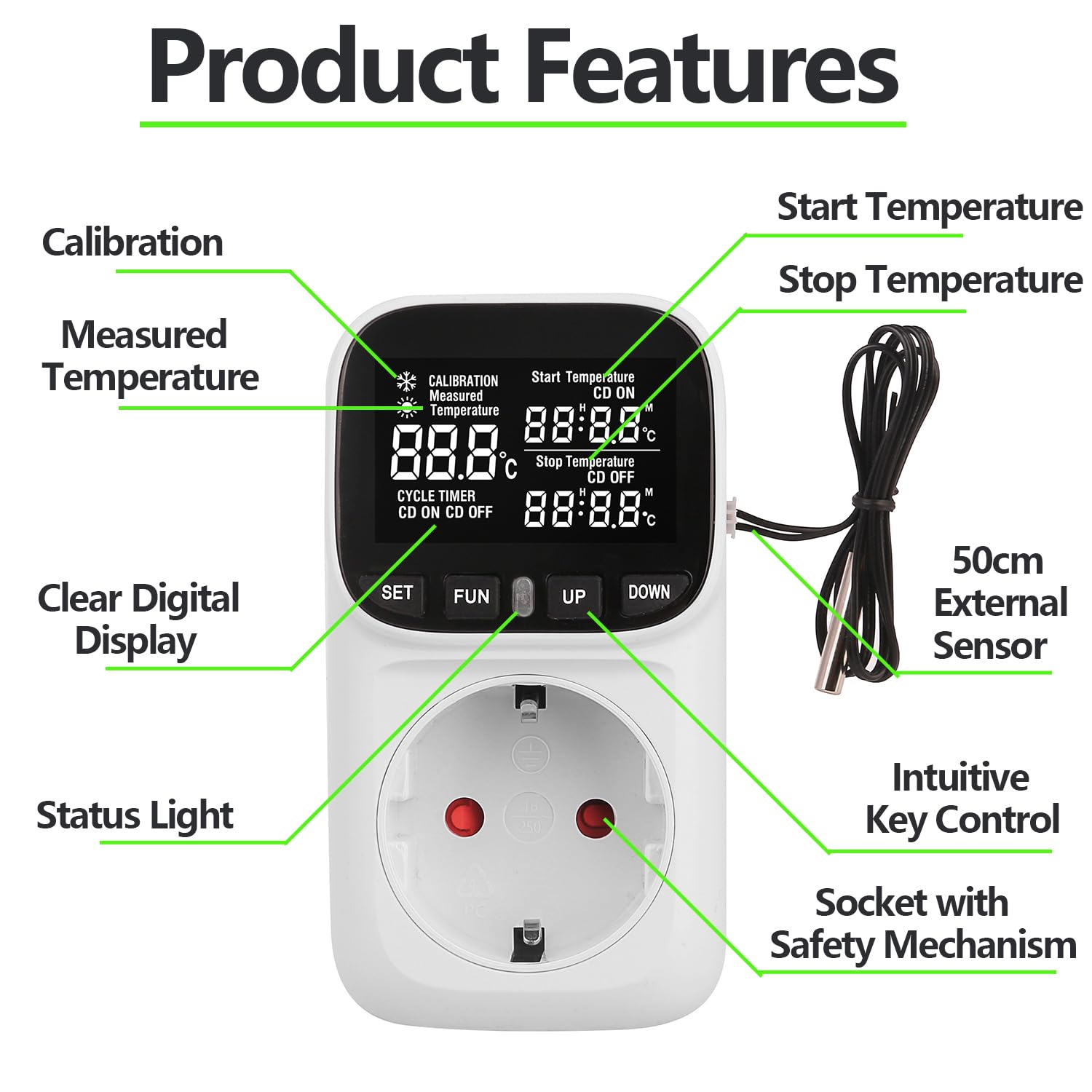 Prise Thermostat Numérique 16A 230V, Contrôleur de Température Intelligent avec Capteur Externe, Écran LCD Régulateur -40℃~120℃, Minuterie pour Serre, Aquarium, Couveuse, Chauffage et Réfrigérateur