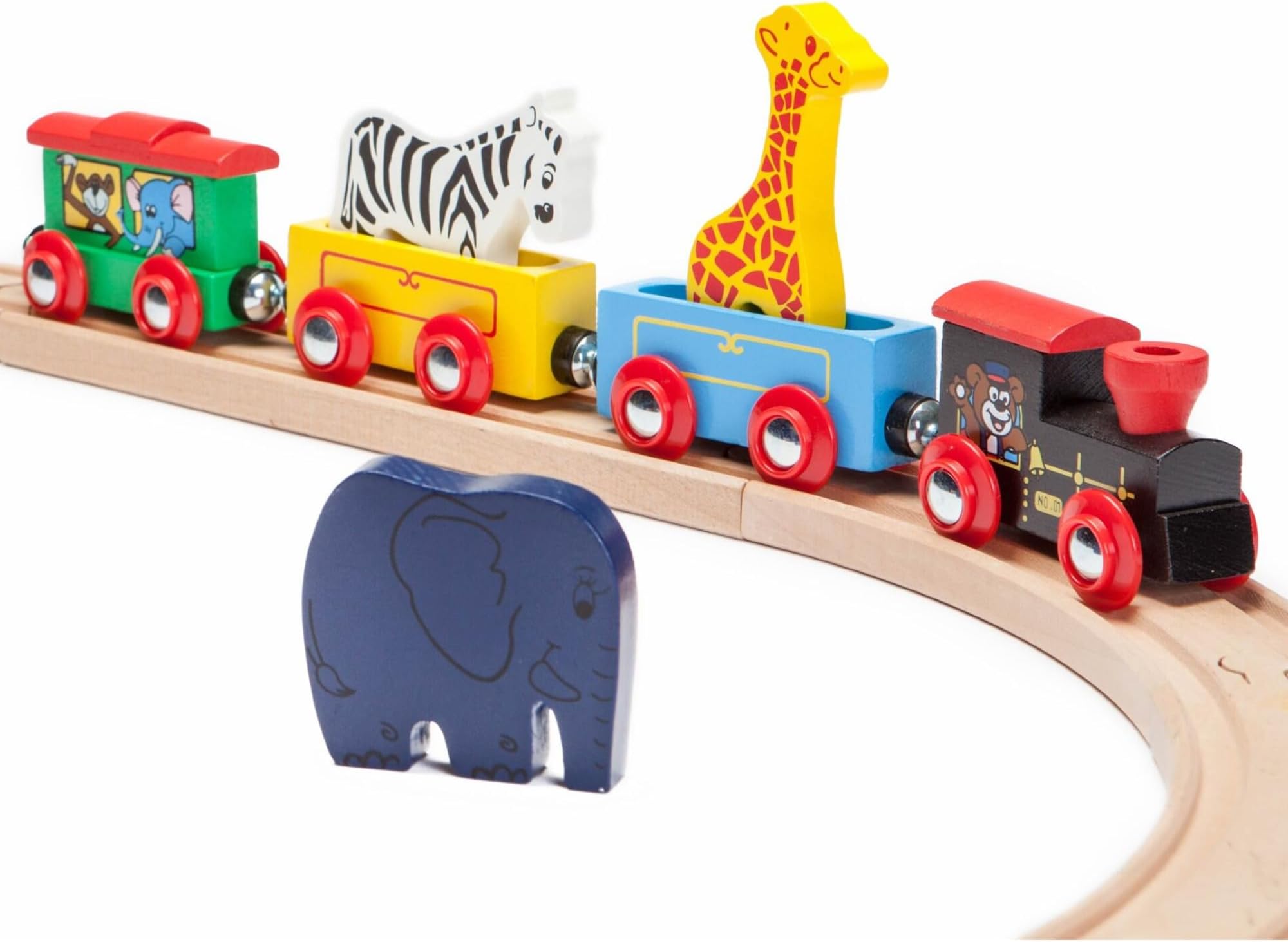 Maxim Enterprise, inc. Kids Circus Train with Steam Engine, 2 Cars, Caboose, 3 Wooden Animals, Natural Hardwood Railway Set with Easy Magnetic Connectors, Sensory Learning Toys for 18 Months & Up
