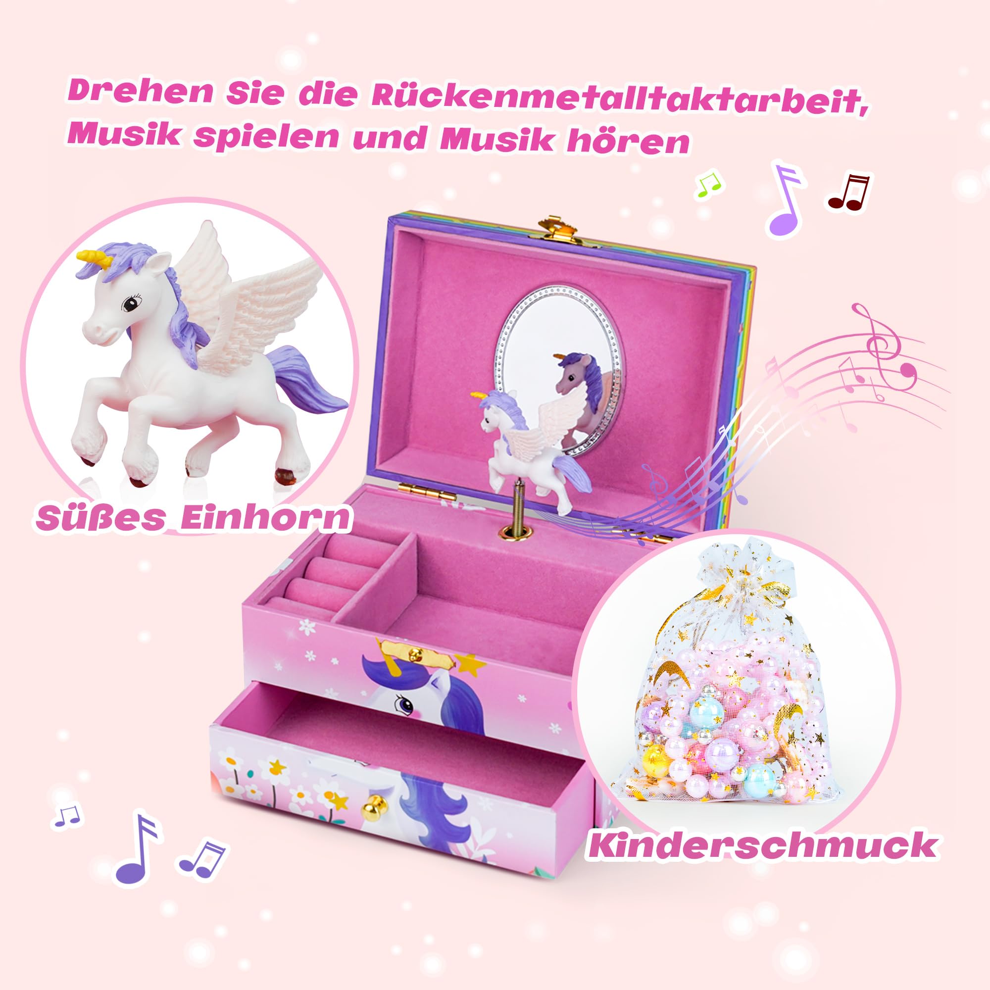 AdelDream contenitore musicale con unicorno con ali d'angelo musicali regalo per bambini(unicorno rosa a due strati,set di accessori da 5 pezzi)