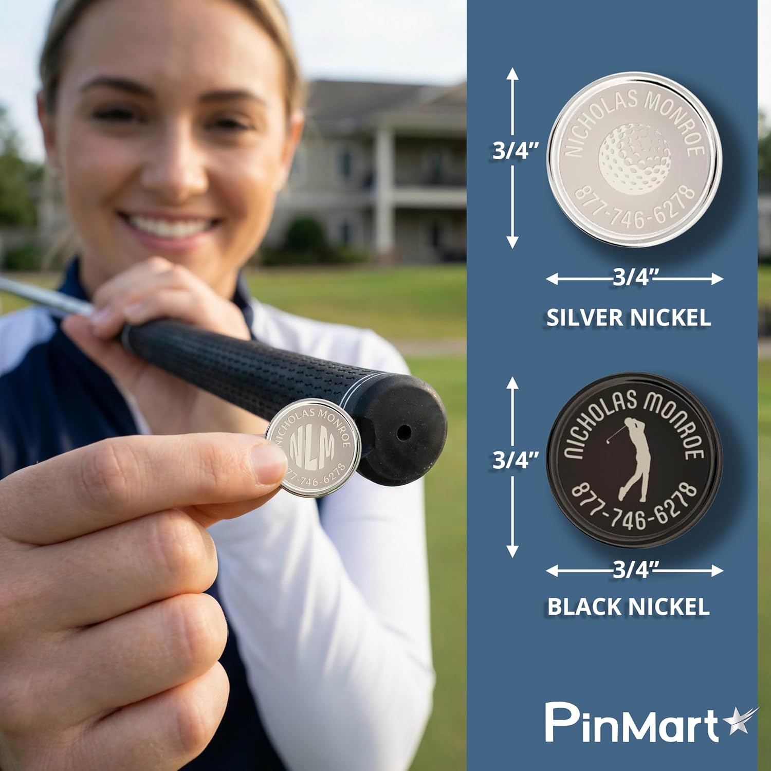 PinMart Custom Golf Club Name Markers in Silver or Black Nickel - Golf Club Labels Set of 14pcs - Perfect Golf Gift Unique and Personalized Golf Accessories for Men and Women