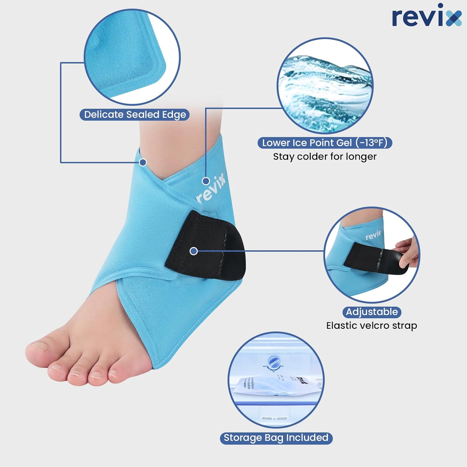 REVIX Ankle Ice Pack Wrap for Plantar Fasciitis & Foot Pain Relief, Reusable Gel Cold Compress Wrap for Feet Swelling, Achilles Tendonitis, and Sprained Ankles Recovery