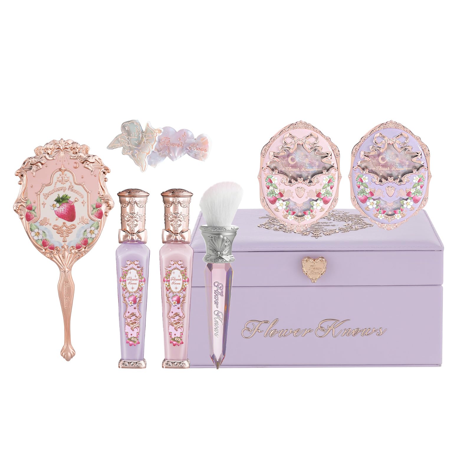 Flower Knows Violet Strawberry Rococo Makeup Box Set,8 Pack Makeup Box with Mirror,Lip Gloss×2+Blush×2+Blush Brush×1+Handheld mirror×1+Hair Clip×1+Gift Box×1