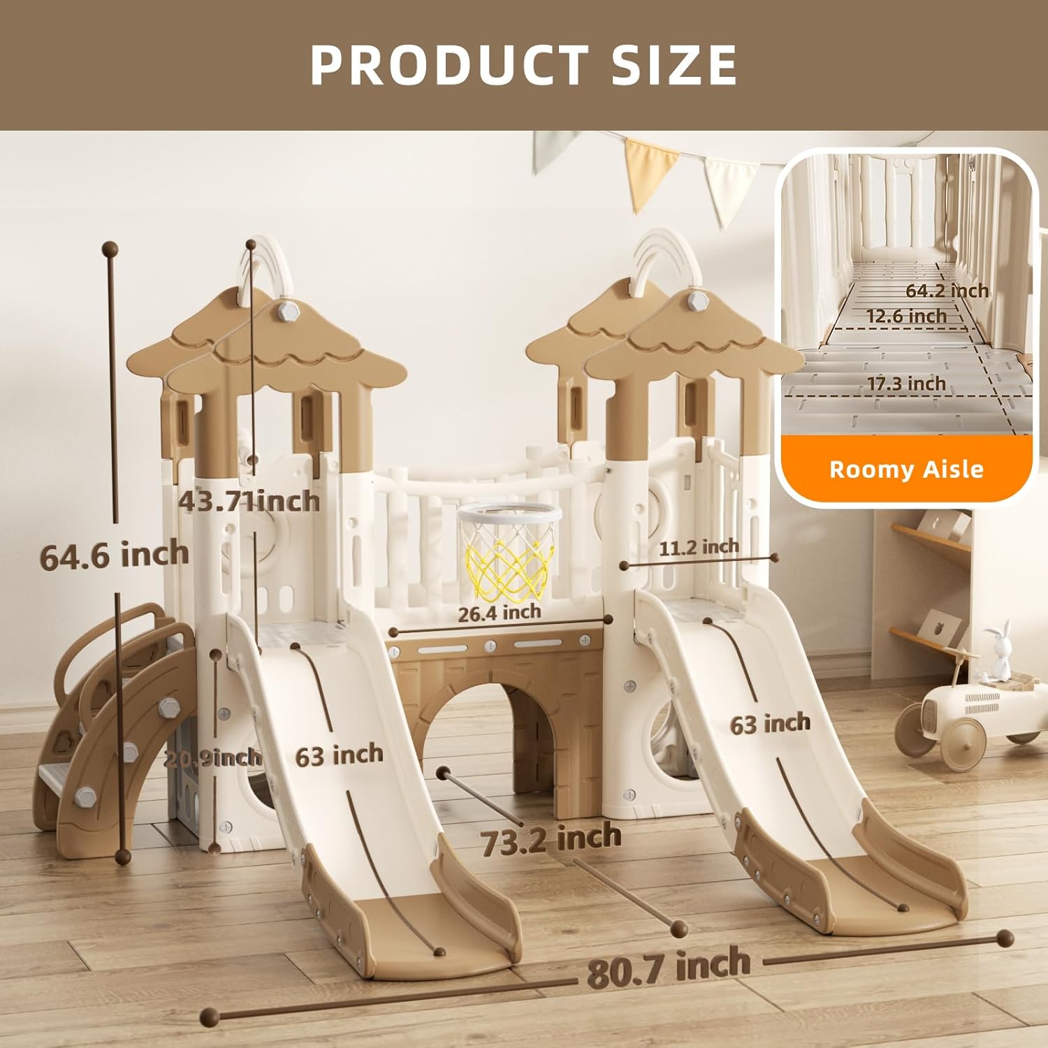 XJD 9 in 1 Toddler Slide, Jungle Double Slide Playset with Basketball Hoop, Tunnel and Storage Space, Outdoor Indoor Slide for Toddlers Age 1+,Tree House Design Toddlers Playground (Brown)