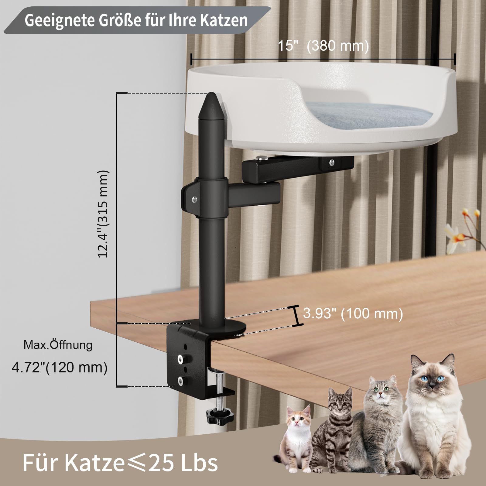 Höhenverstellbares Katzenbett für Schreibtisch 360° Drehbarer Katzenplatz mit Zwei verstellbaren Armen Haustierkissen inklusive
