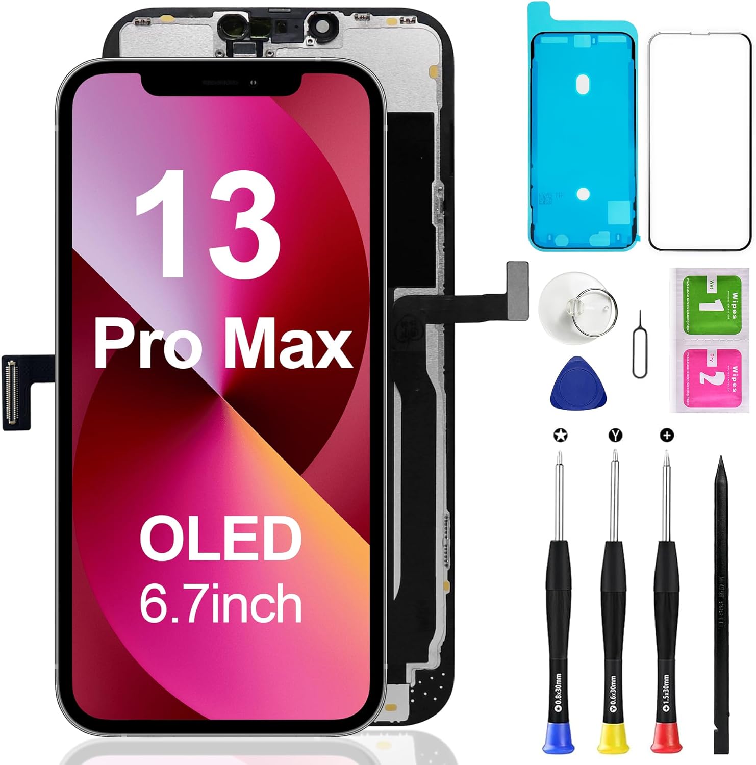 OLED for iPhone 13 Pro Max Screen Replacement Kit, OLED Display 3D Touch Frame Digitizer A2641 A2643 A2484 A2644 A2645 Full Assembly Repair Tool Black 6.7 inch