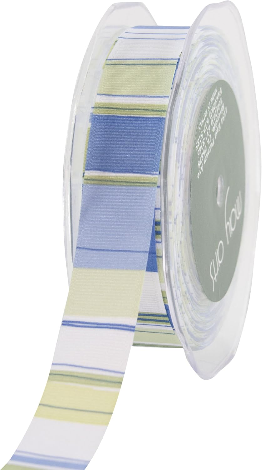 May Arts 7/8-Inch Wide Ribbon, Blue and Green Grosgrain Stripe