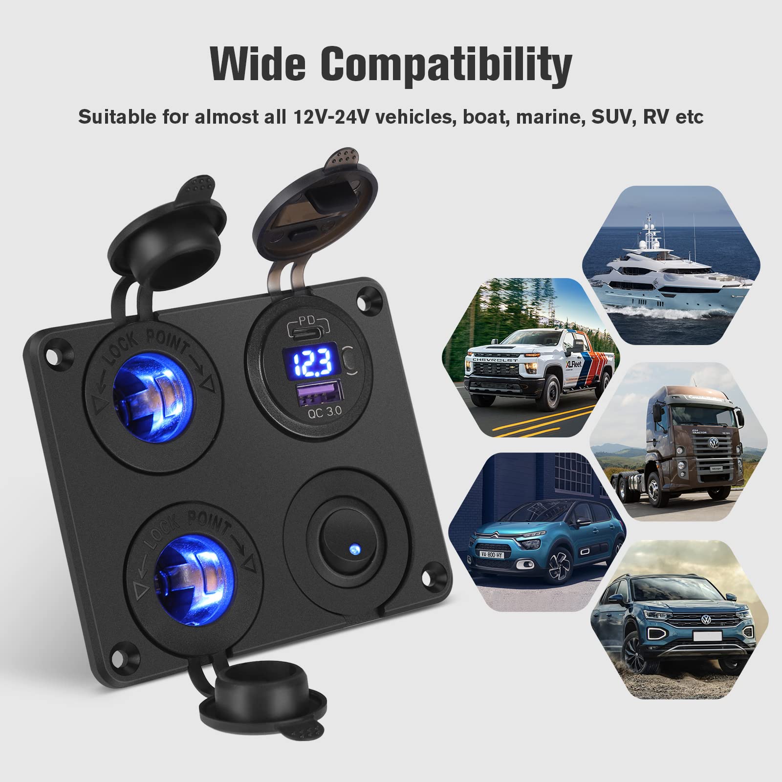 Thlevel Panneau de Prise Chargeur Voiture QC3.0 USB et PD Type C Allume Cigare Interrupteur Voltmètre pour 12V/24V Bateau Camion Caravane | Type C et QC3.0 avec allume-cigare voltmètre LED et interrupteur bleu pour véhicules, camions, bateaux