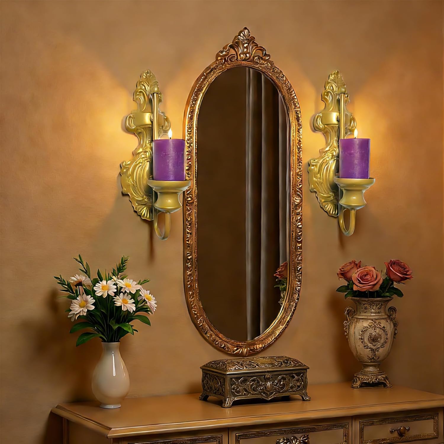 Wall Sconce Candle Holder, Metal Wall Mounted Candle Sconces, Iron Pillar Candle Sconce for Room, Hallway, Entryway, Bathroom, 2 Pack (Vintage Gold)