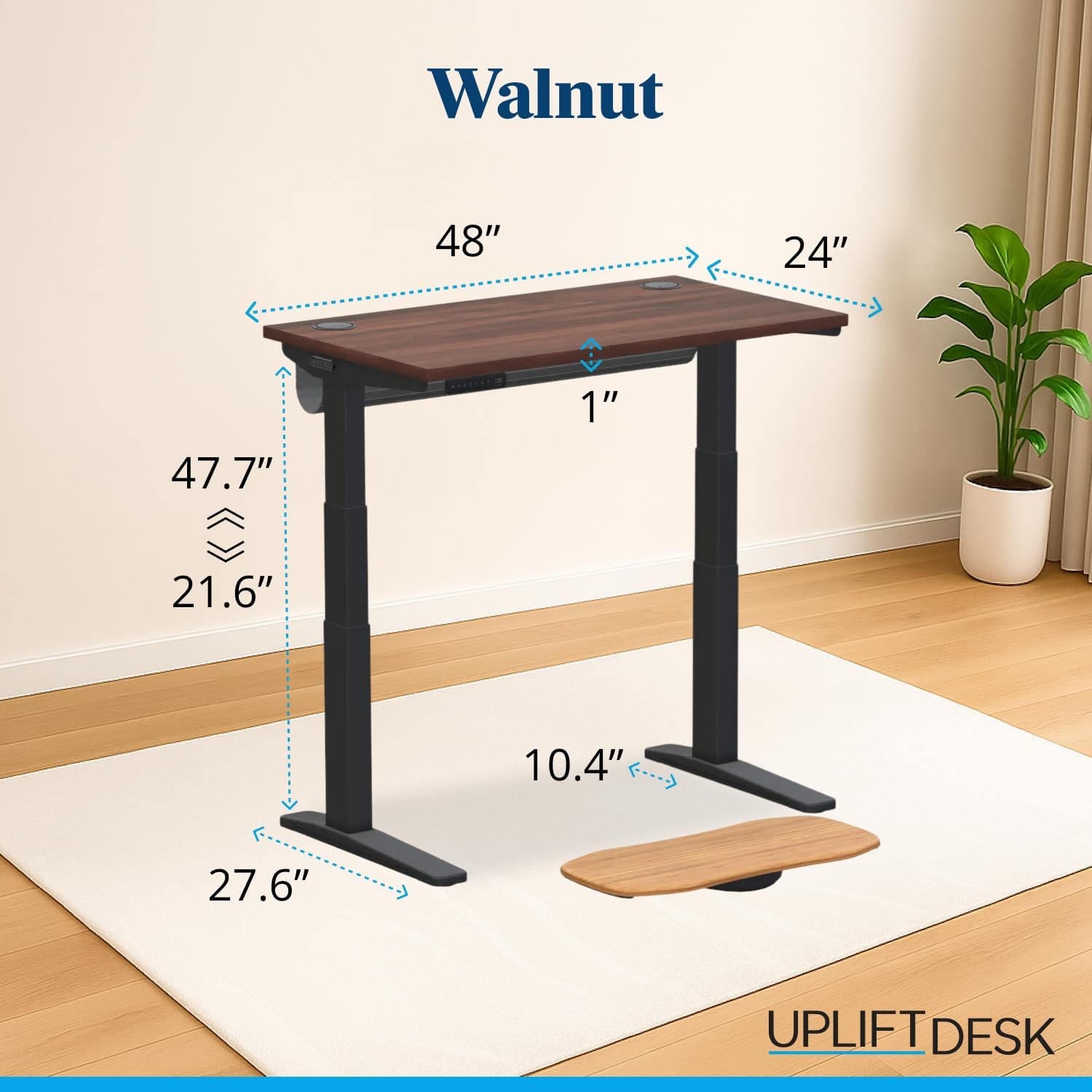 UPLIFTDESK V3 2-Leg Walnut Laminate Wood Standing Desk – Adjustable Height, Advanced 1-Touch Memory Keypad, Under Desk Cable Management, Wire Grommets & Rocker Board (Black C-Frame, 48 x 30 inch)