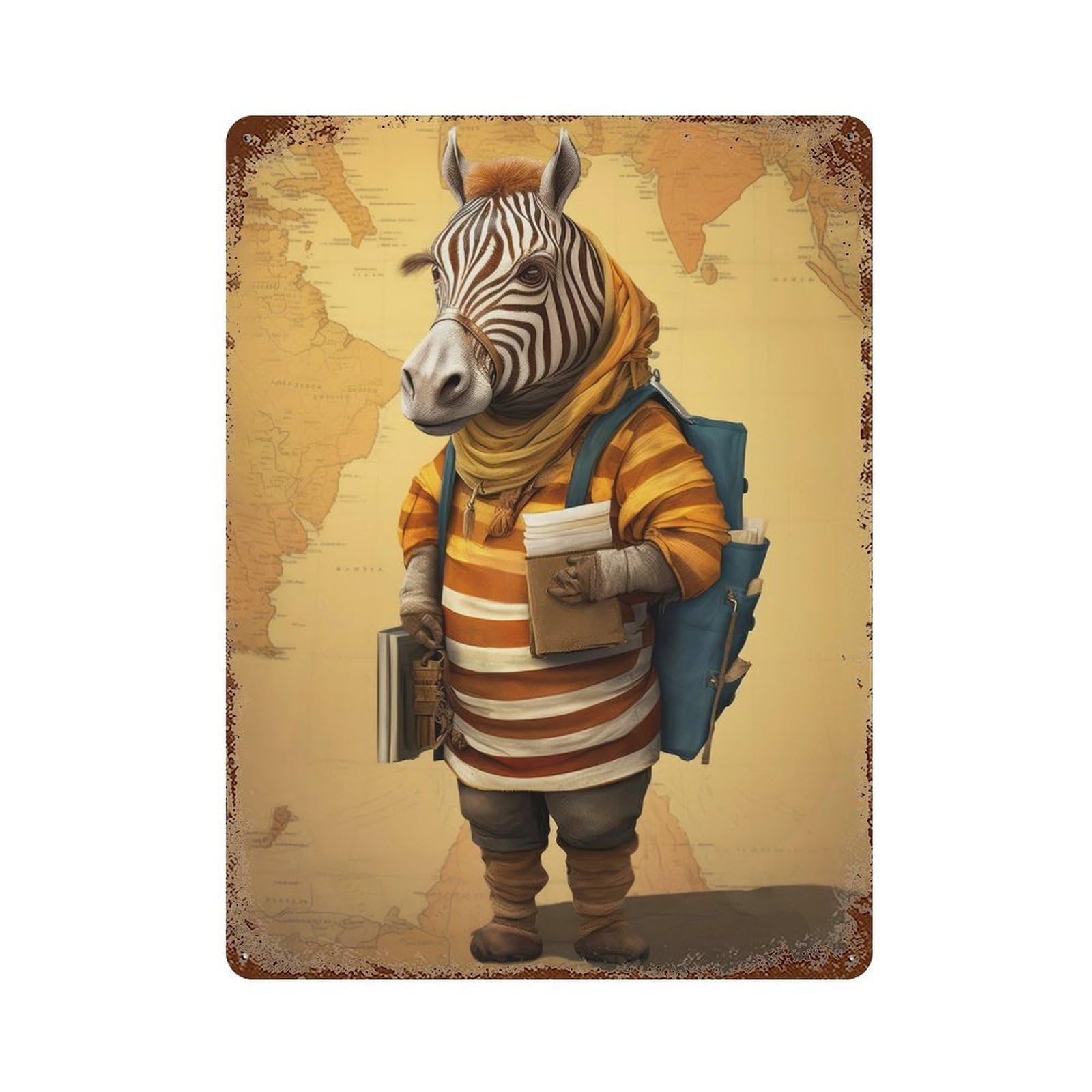 Vintage Rust Metal Sign Zebra Traveler Art 15.7"x11.8", Old School Wall Decor for Office, Studio And Wall Decor