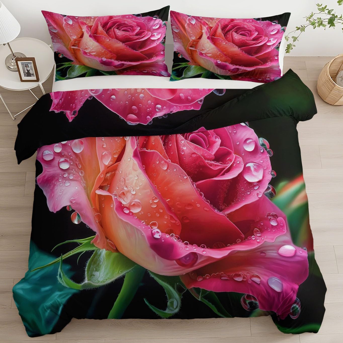 Set copripiumino super king size, 260 x 220 cm, morbido, stampato, motivo floreale romantico con rose, in microfibra spazzolata, reversibile, con 2 federe, nero