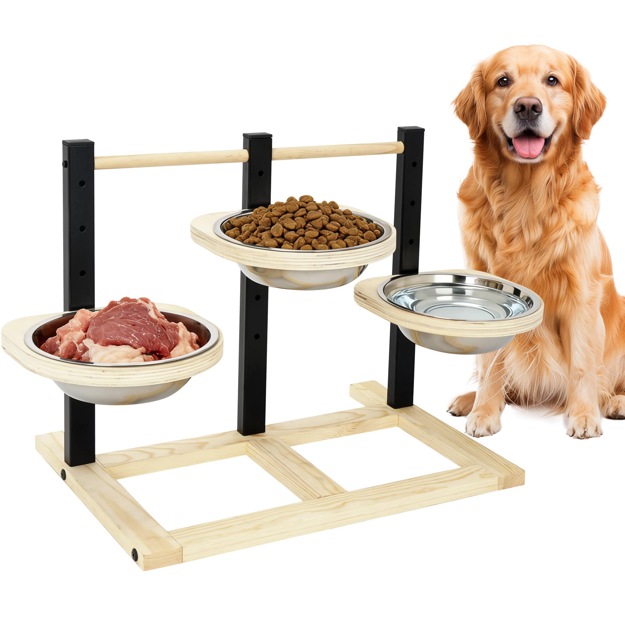 ohbien Hundenapf Erhöht für Hunde, Holz Erhöhte Hundenäpfe 5 Höhenverstellbar Hundenapf mit 3 x 1400ml Edelstahlschüssel Futternapf Futterstation für Groß, Mittel und Klein Hund