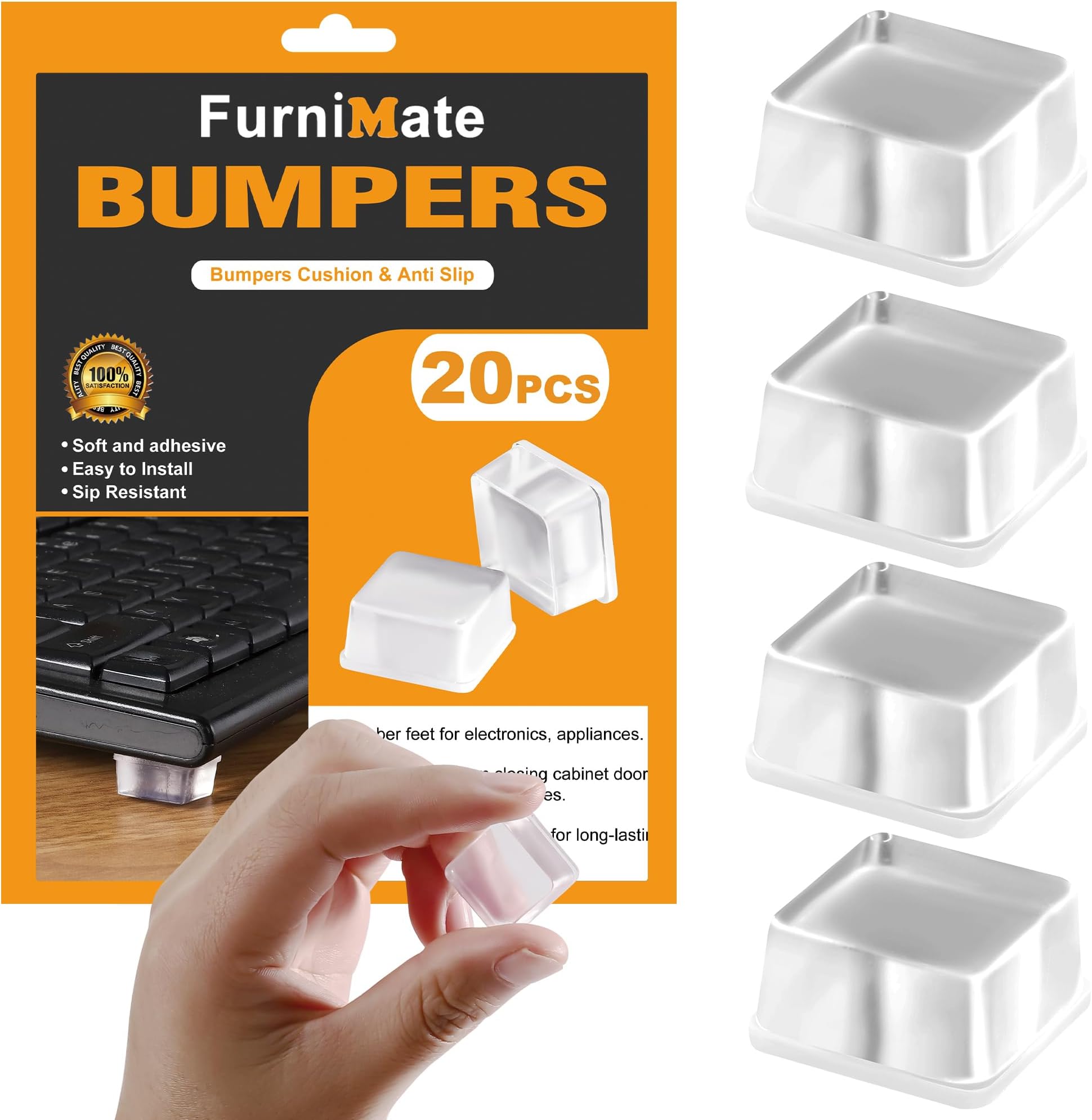 FurniMate Rubber Feet, 20PCS Clear Square Rubber Bumpers, Non-Slip, Self Adhesive, Eco-Friendly, Suitable for Speakers, Laptop, Appliances