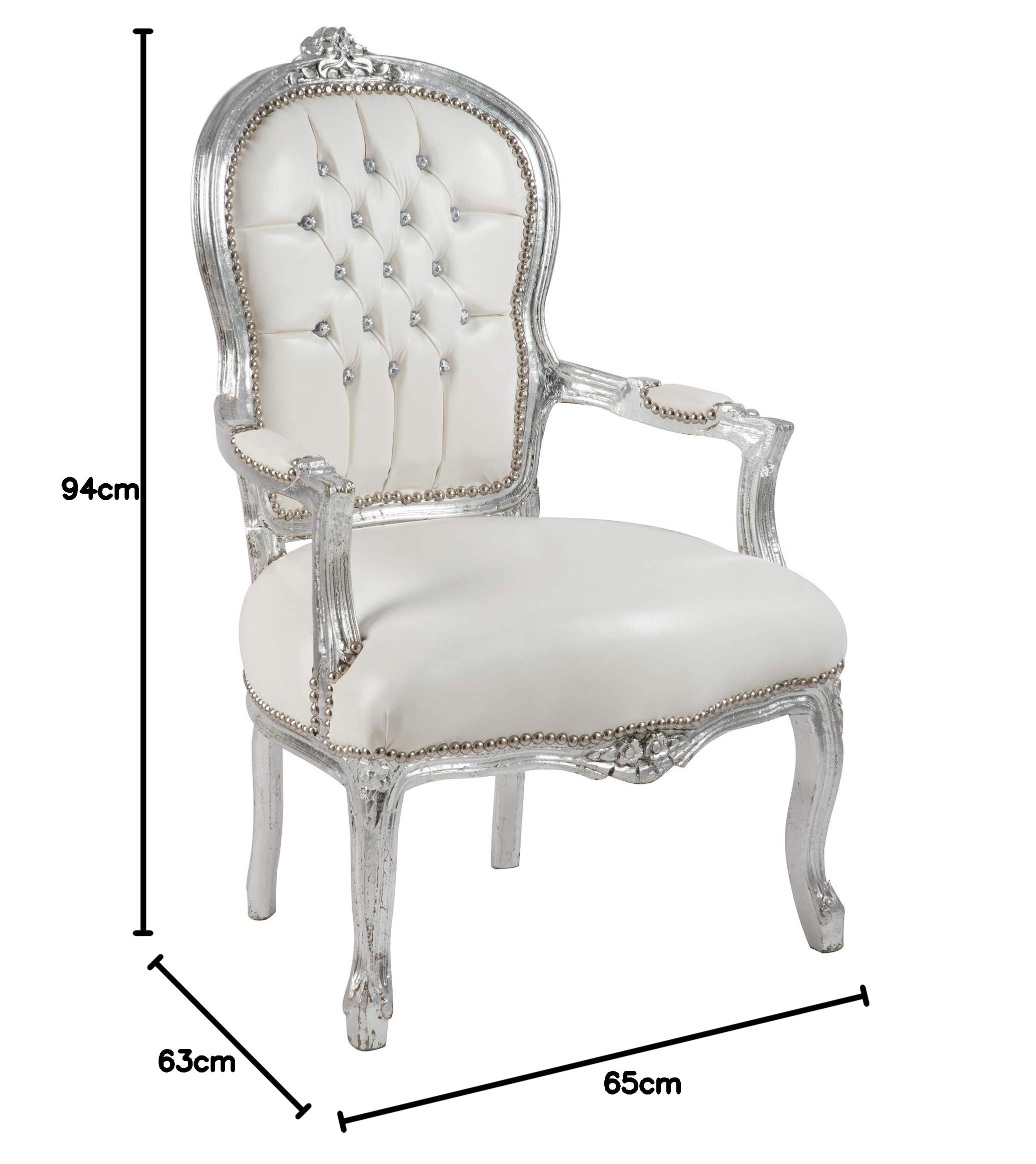 Poltrona BAROCCO Luis stile Francese Luigi XVI Silver e Bianca con Gemme Ecopelle 63 x 65 x 94 cm