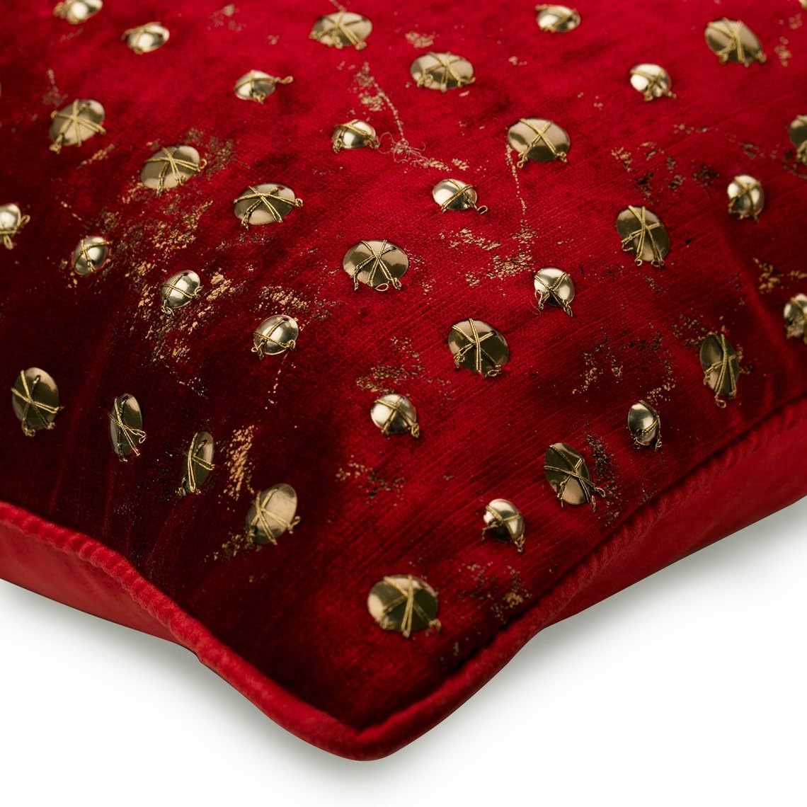 The HomeCentric Decorativo Rojo Cojin, 50 x 50 cm Terciopelo Amortiguar, Funda de Cojín con Lámina Dorada, punteada y con Cuentas, Círculos y Puntos Amortiguar, Moderno Cojin - Wheeling Around Red