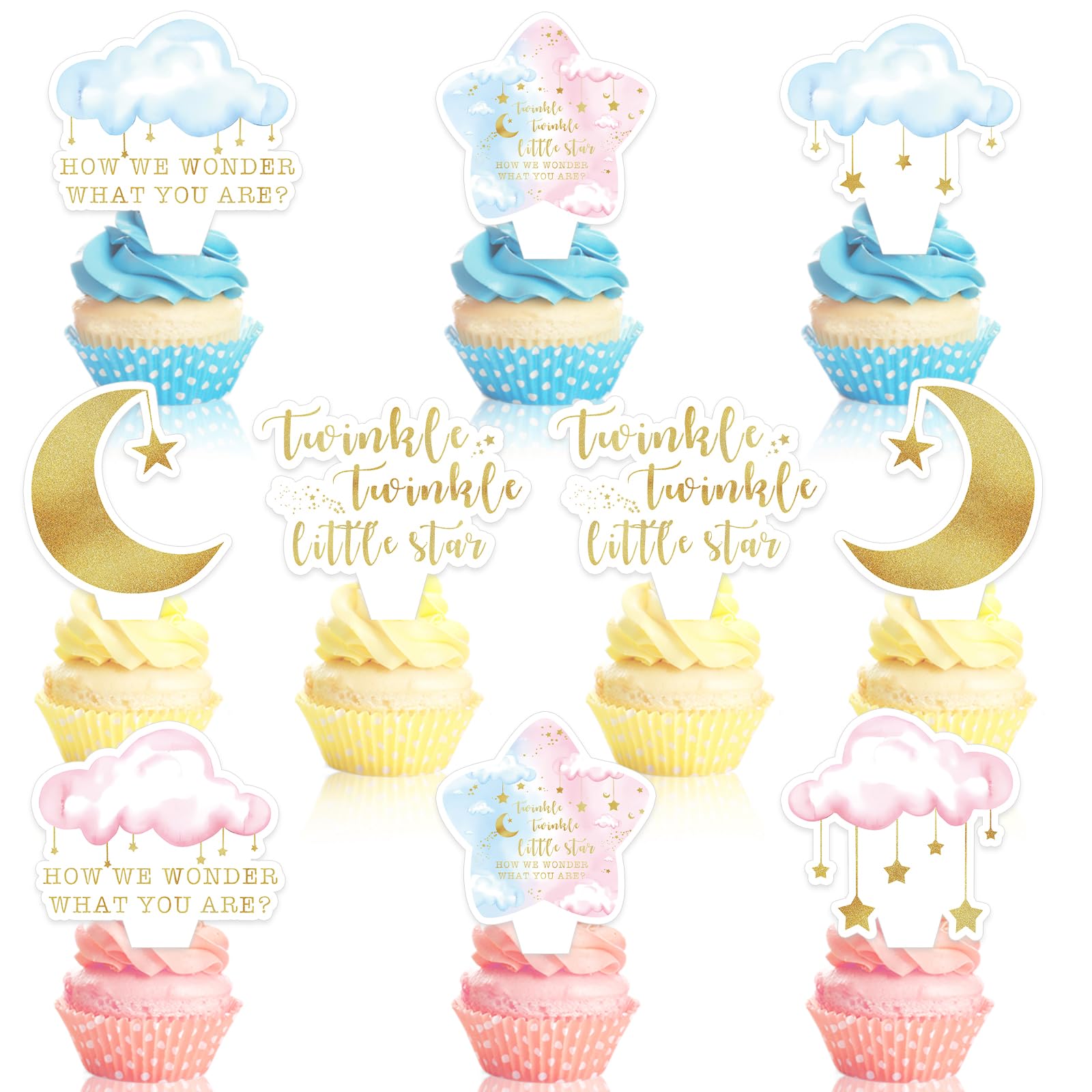 20 PCS Baby Shower Cupcake Toppers Twinkle Twinkle Little Star Gender Reveal Decorations Cake Party Supplies Decorations Gender