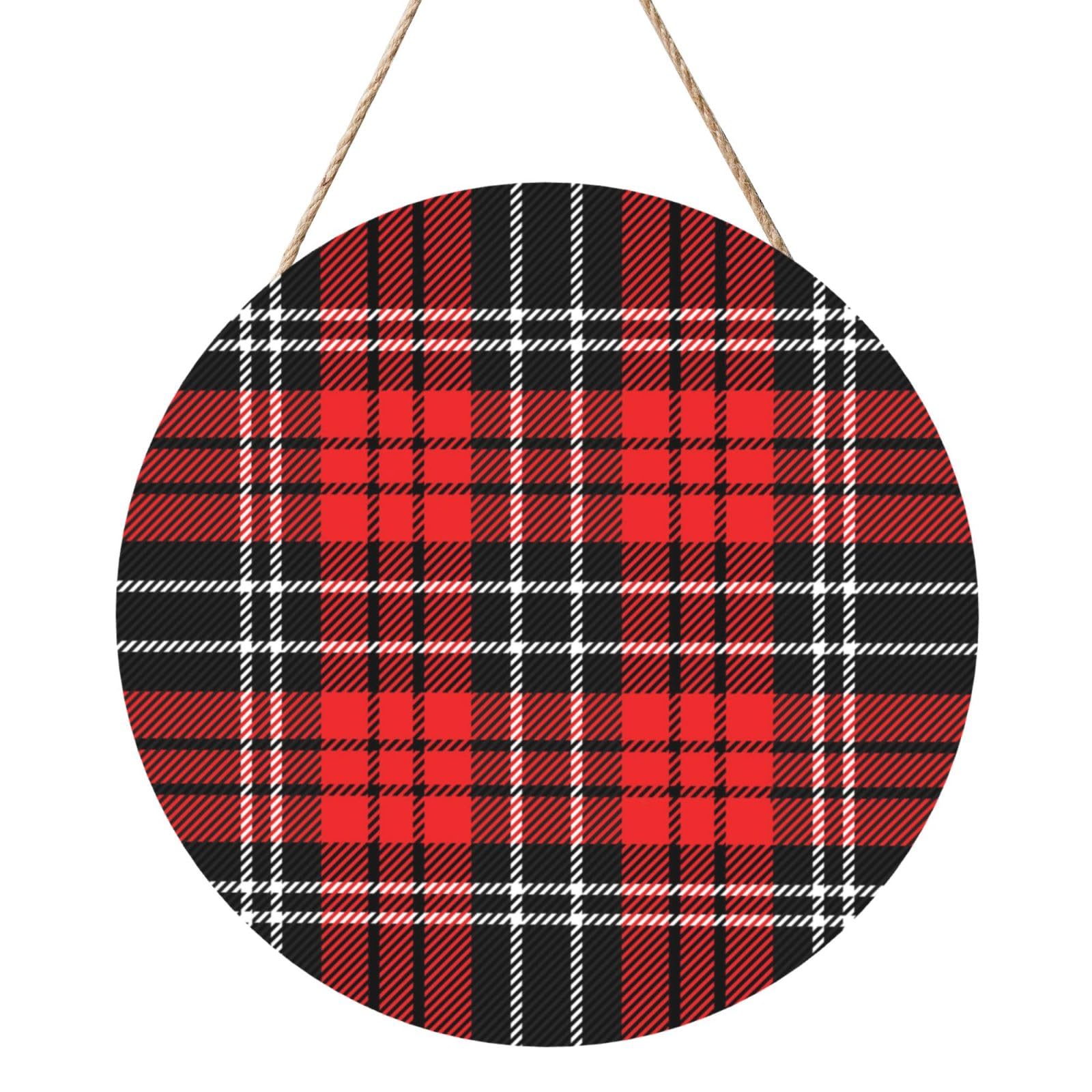 InOmak Tartan Red Black, Round Wood Panel Painting 12 in, Wall Hanging Painting For Home