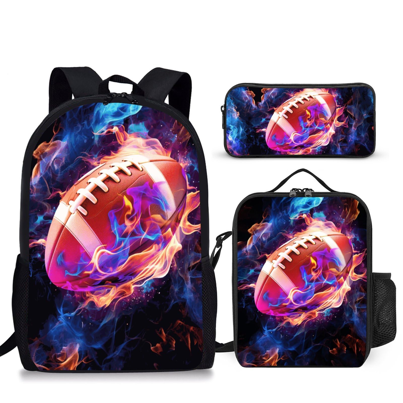 Okentiso Football Backpack Set for School,17 Inch Casual School Bags with Lunch Box, Kids Daypack Bags and Pencil Case Set for Teens Boys Men Students