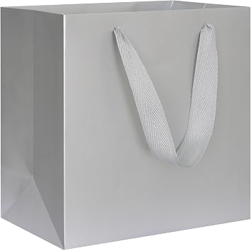 KEYYOOMY Silver Gray Gift Bags with Handles, Square Body Wide Bottom Kraft Paper Gift Bag Party Favor Bag for Wedding Birthday Christmas Shopping Business 10CT, 8x8x4 in, Silver Gray