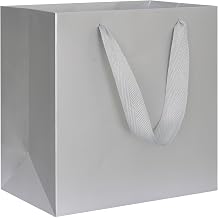 KEYYOOMY Silver Gray Gift Bags with Handles, Square Body Wide Bottom Kraft Paper Gift Bag Party Favor Bag for Wedding Birthday Christmas Shopping Business 10CT, 8x8x4 in, Silver Gray