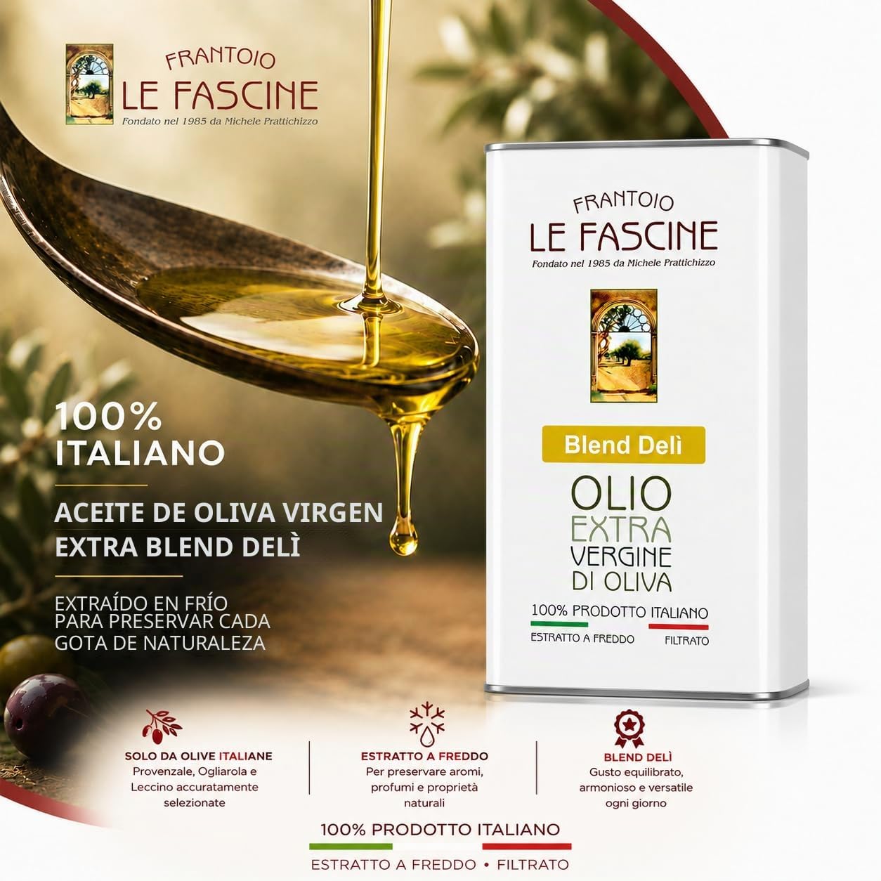Le Fascine Delicato - Aceite de oliva virgen extra Pugliese DELICADO 100% italiano extraído en frío 100% producido a partir de aceitunas provenzales Ogliarola y Leccino (lata de 5 litros)
