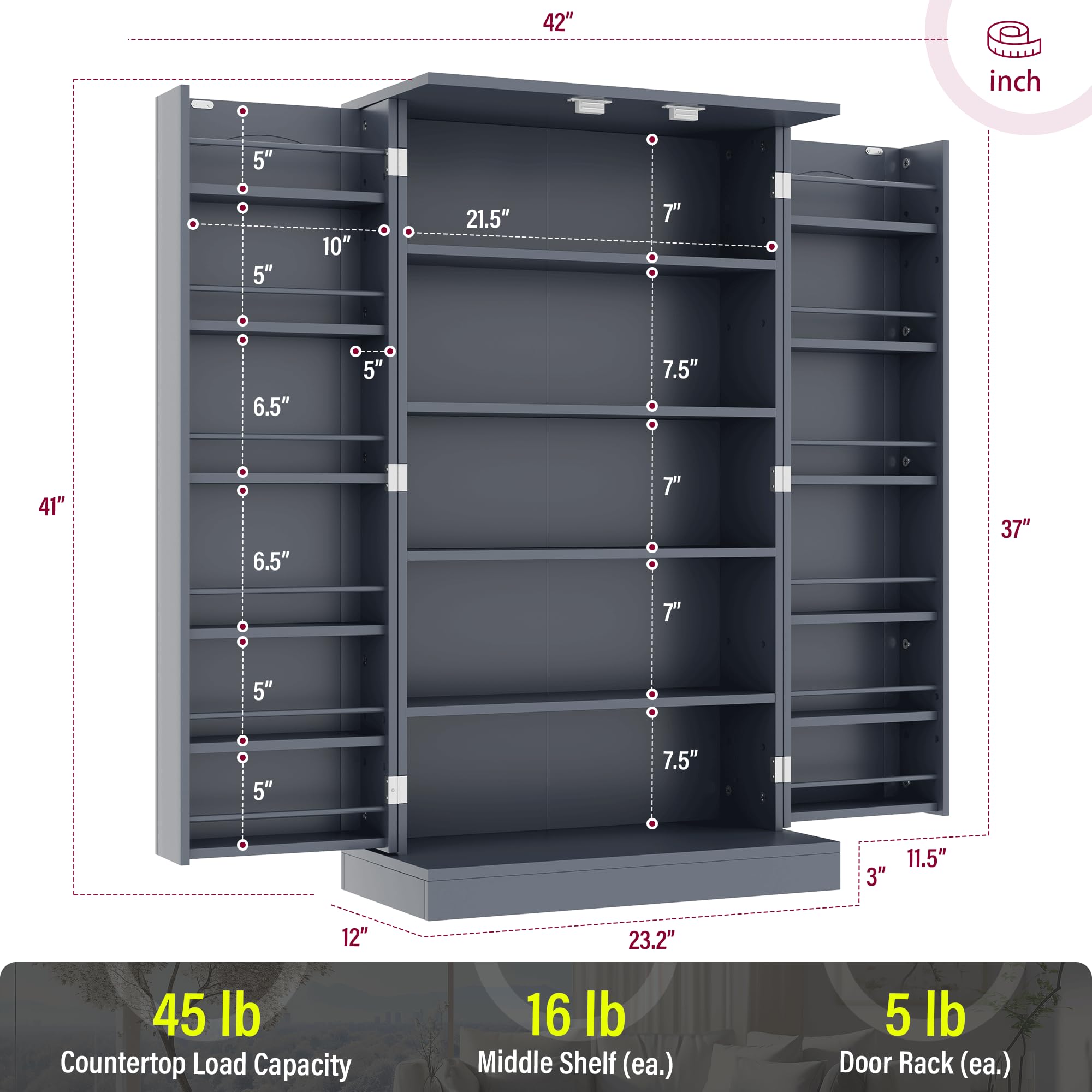 Gabinete para despensa de cocina para almacenamiento de alimentos, de doble puerta y 6 estantes, gabinete para almacenamiento de porcelana de ahorro de espacio (gris, 41 de alto) 3