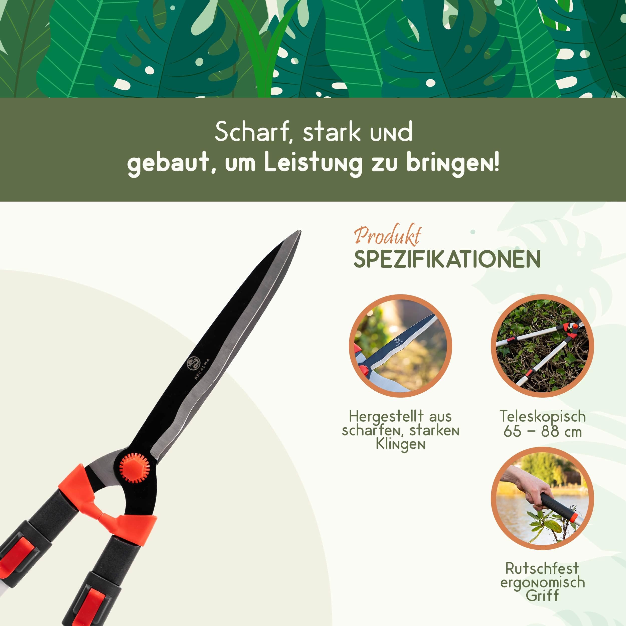 Teleskop Heckenschere, ausziehbare Griffe 65–88 cm, Bypass-Klingen aus legiertem Stahl, leichtes ergonomisches Gartenwerkzeug für Hecken, Sträucher & dünnere Äste