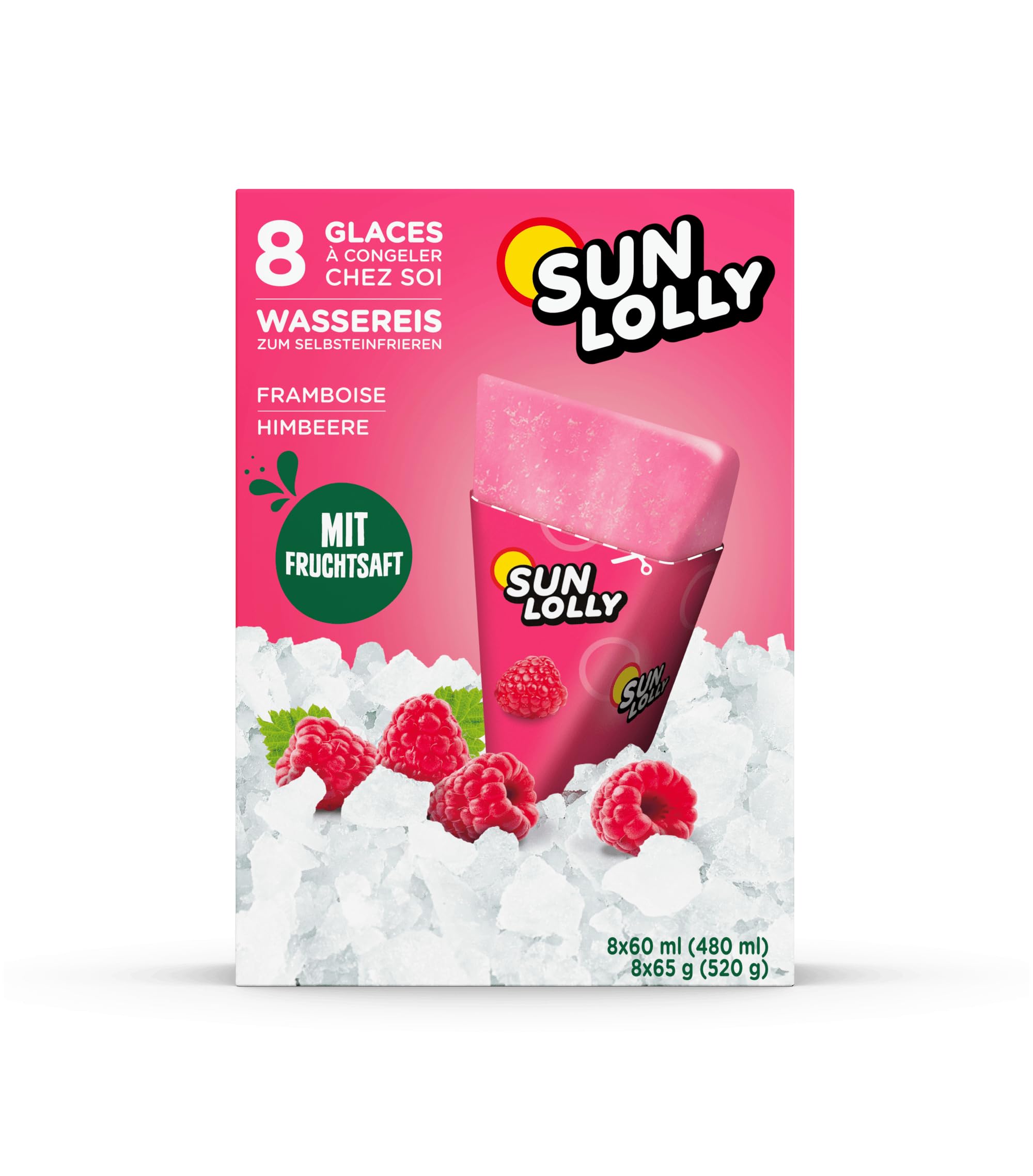 Sun Lolly Wassereis Himbeere 8 Stk | Mit Fruchtsaft | Zum Selbsteinfrieren | Ohne künstliche Aromen | Frei von Süßungsmittel | Laktosefrei | Glutenfrei | 8 x 60ml