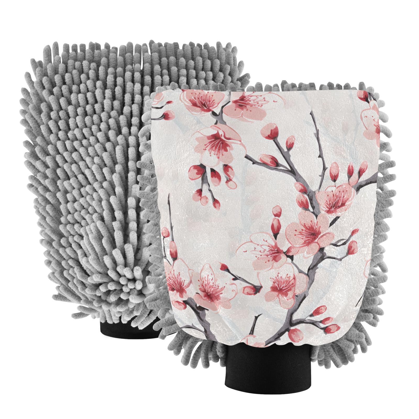 IOACIY Absorbent Microfiber Car Wash Drying Mitts, 2 Pack, Scratch-Free & Lint-Free, Rich Foam, Highly Absorbent, Double Sided, Wash Mitt Perfect for Car Washing, L, Chinese Painting Peach Blossom