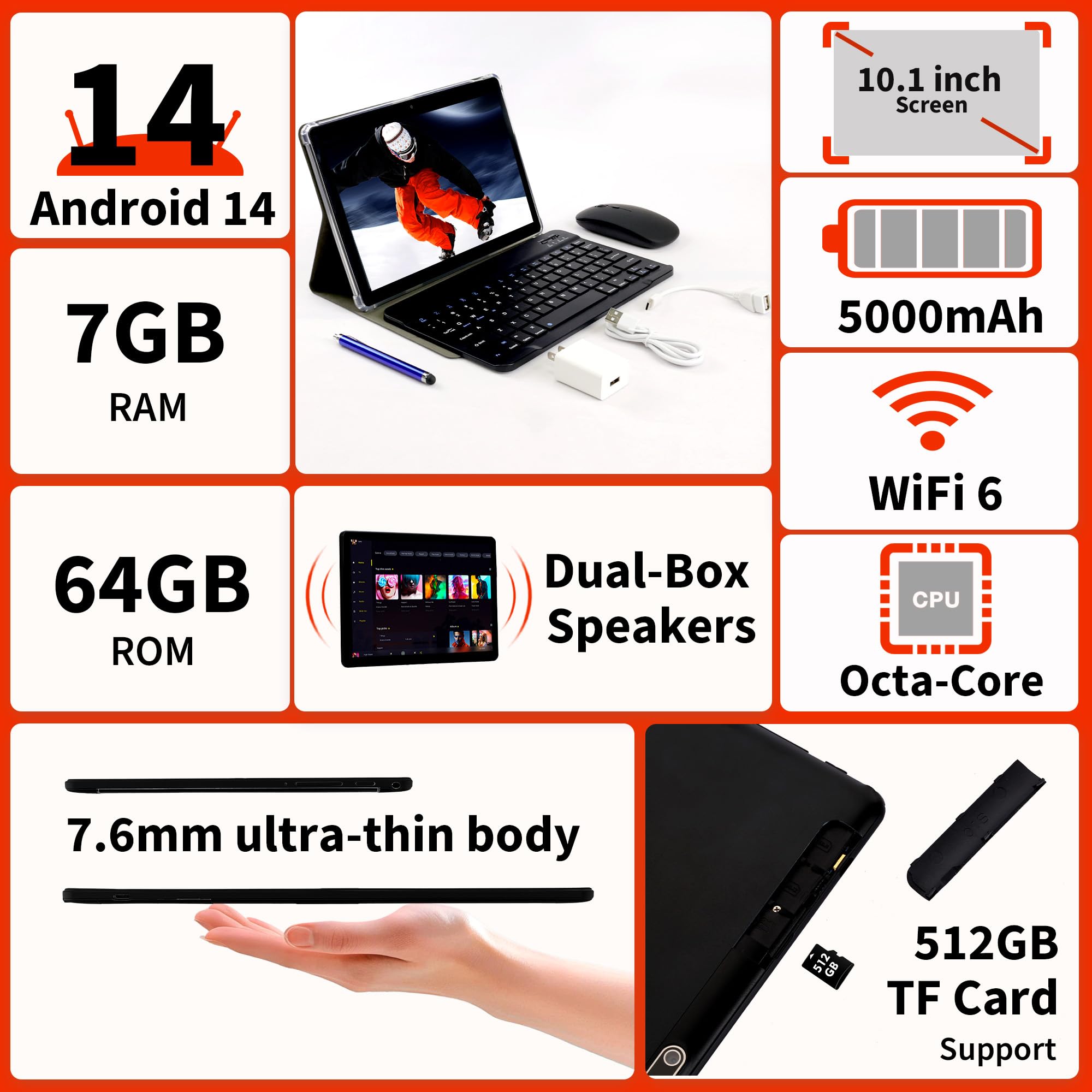 Veidoo Przenośny tablet z systemem Android 2 w 1 z klawiaturą, myszą i rysikiem, tablet 10,1-calowy ekran IPS HD z 7 GB RAM (3 GB+4 GB) 64 GB ROM, z możliwością rozszerzenia do 512 GB, procesor