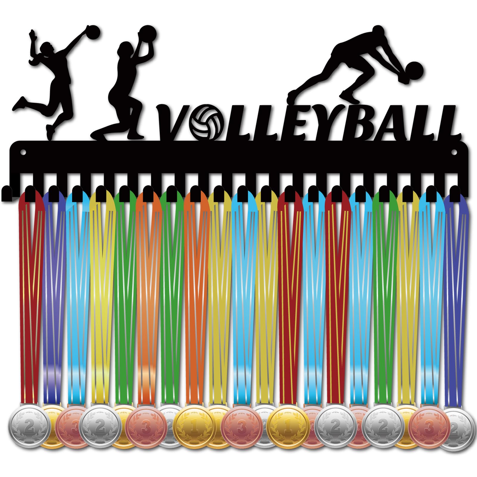 CREATCABIN Porte-médailles de volleyball en métal à suspendre avec 20 crochets pour médailles de compétition ou de volleyball Noir 40 x 15 cm