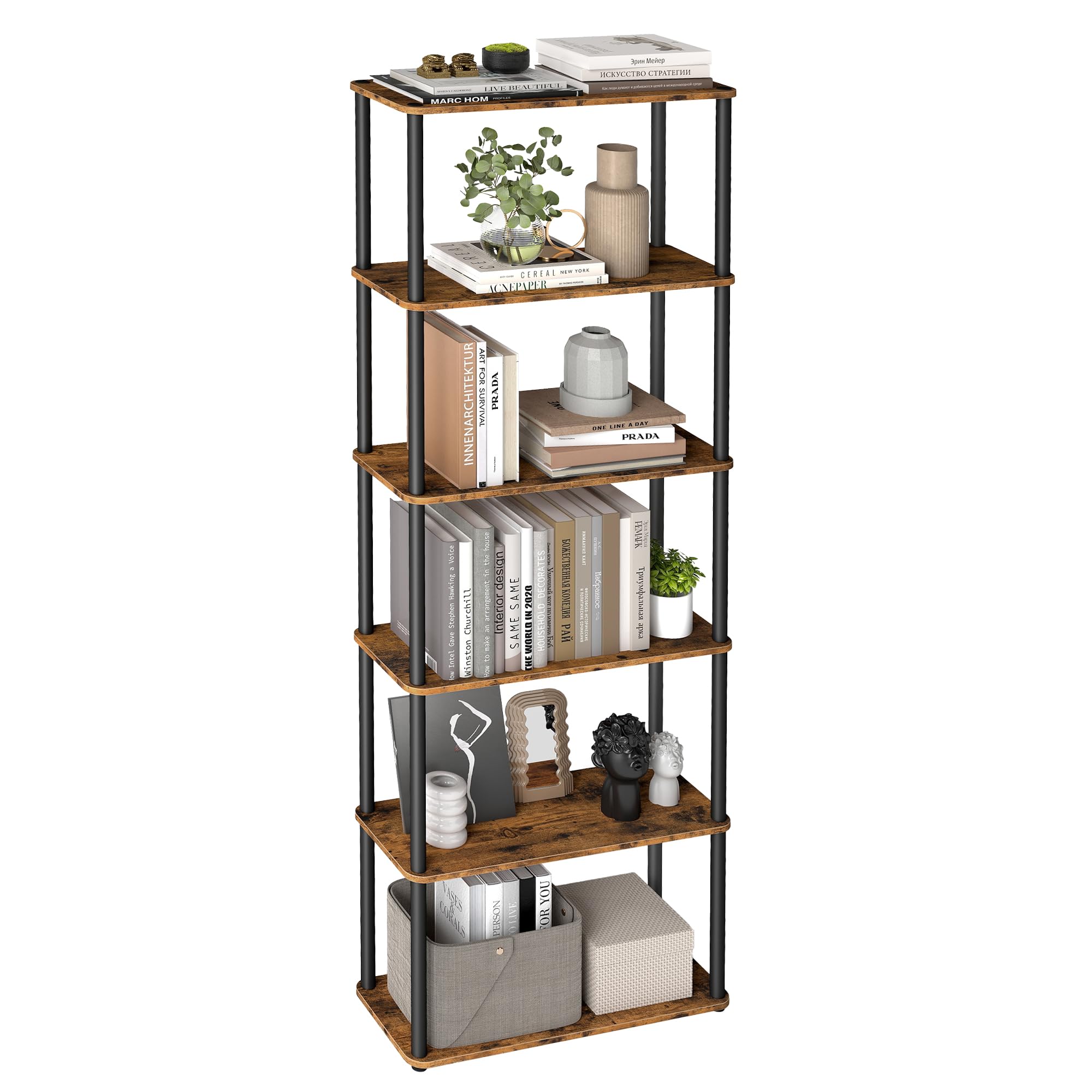 VASAGLE Superfast Toolless Assembly, 6-Tier Storage Shelf, Standing Shelving Unit, 60 x 23.8 x 173.4 cm, Living Room, Bedroom, Kitchen, Rustic Brown and Ink Black LLS166K01