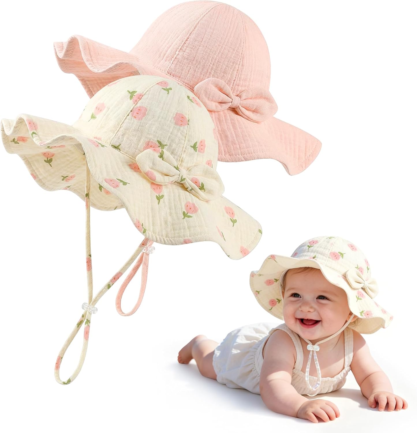 2 Pack Baby Sun Hat, Muslin Newborn Sun Hat UPF 50+ Sun Protection Infant Beach Hat with Wide Brim for 0-24 Months
