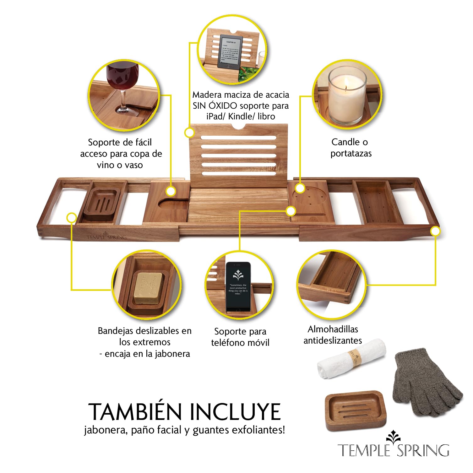 Temple Spring Estante Baño, Acacia Bandeja Baño, Bandeja Bañera Extensible, Accesorios Bañera - No Teca
