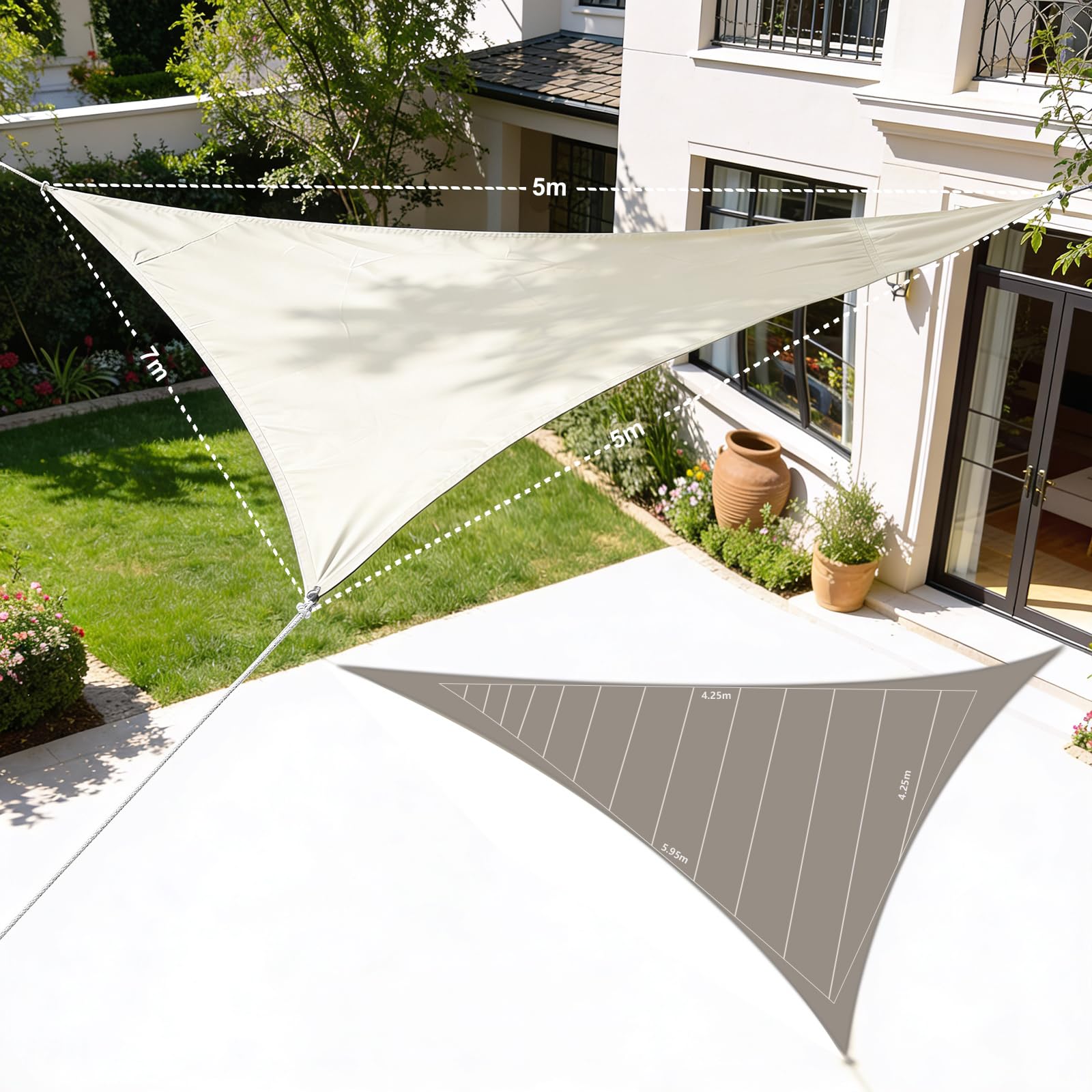 HAIKUS Tenda a Vela Impermeabile Triangolare 5x5x7 m, Protezione Raggi UV 98%, Telo Ombreggiante Triangolo 5x5 x7,1 m, Tenda da Sole per Esterno Giardino Terrazzo, Bianca beige