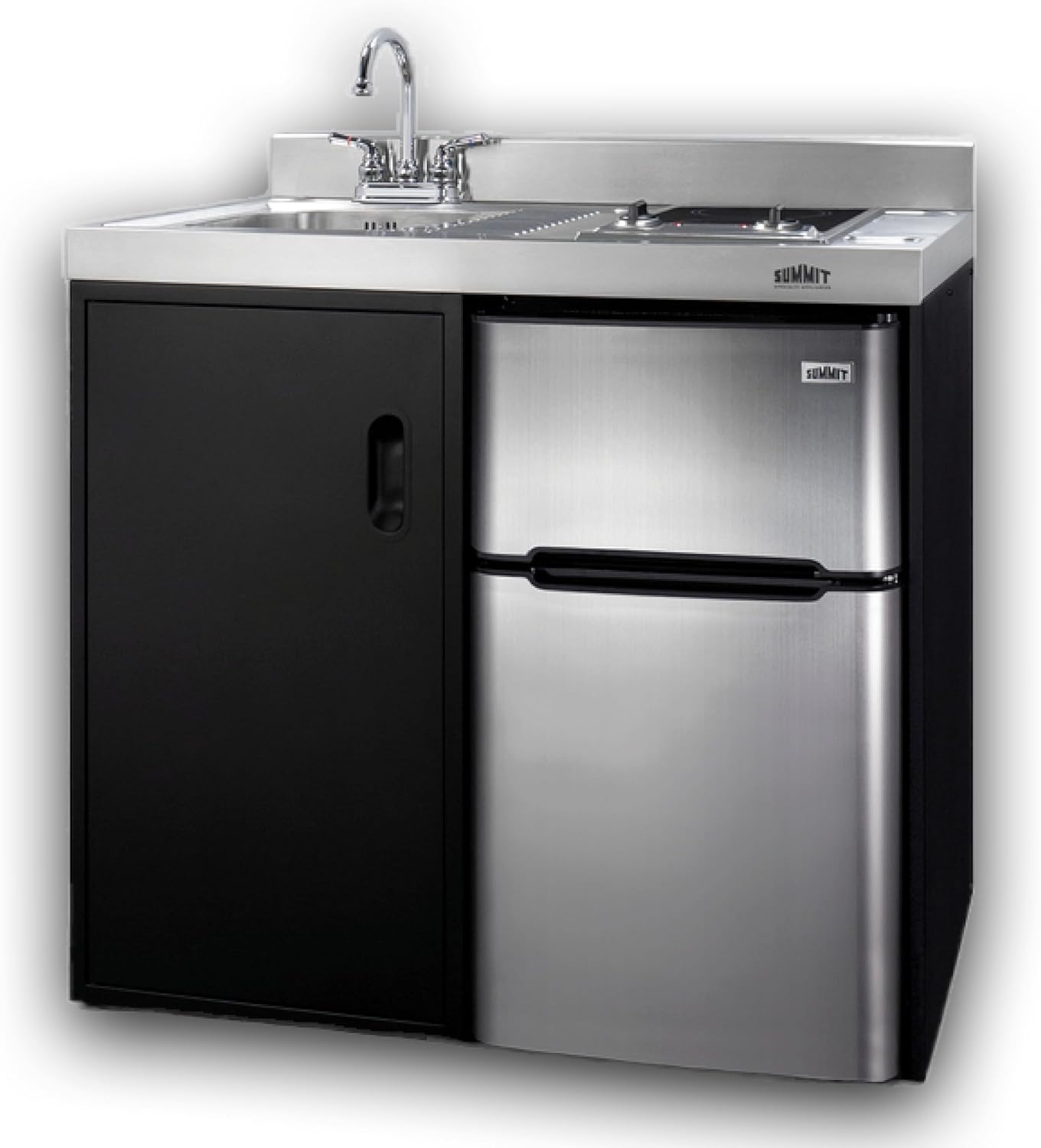 Summit 39" Wide All-In-One Kitchenette, 2-Door Refrigerator-Freezer, 2-Burner Cooktop, Sink, and Storage, Black and Stainless- C39ELGLASSBK