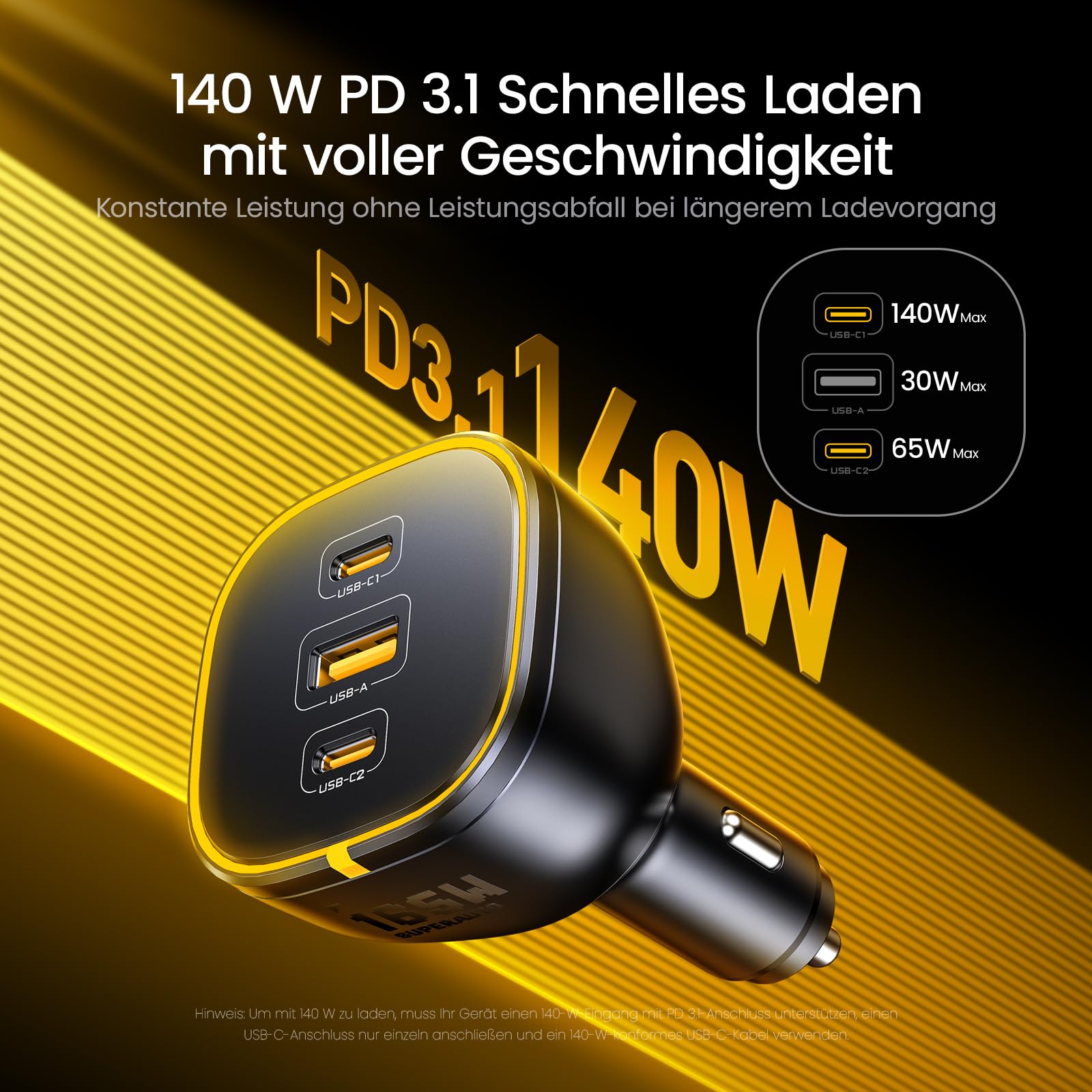 AOHI 165W Laptop Auto Ladegerät 140W PD 3.1/ 100W PD 3.0 USB C Superschnellladegerät PPS 45W 3-Ports QC5.0 Zigarettenanzünder-Ladegerät für MacBook Pro, iPhone 17/16, Galaxy S25 Ultra, iPad, Schwarz