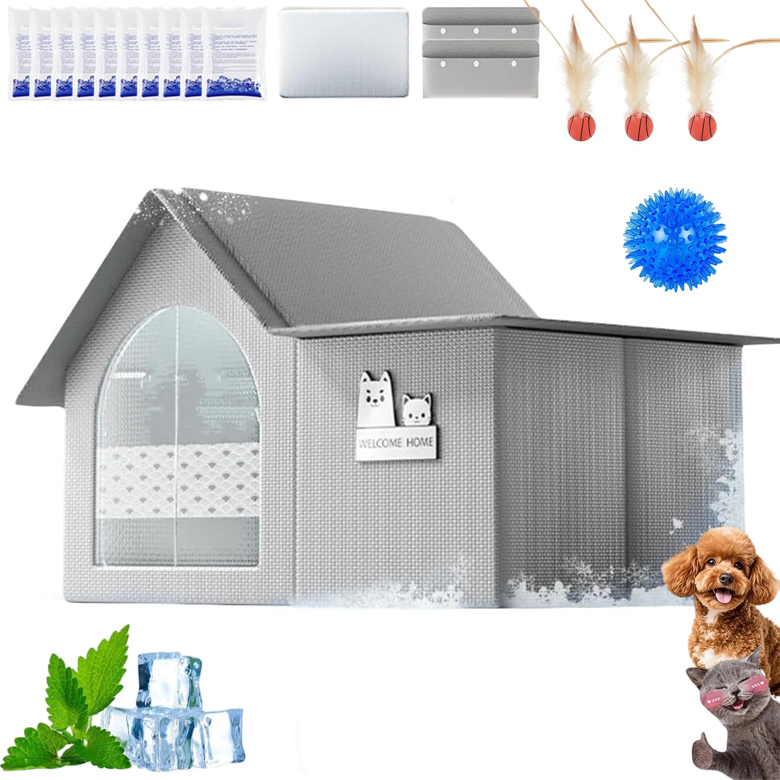 Pet Cooling House for Cats and Dogs, Foldable Outdoor Cat House with Ice Packs and Absorbent Cotton Bag, Insulated Pet Tent for Dog, Breathable Indoor Cooling Mat for Cats (Grey-M)