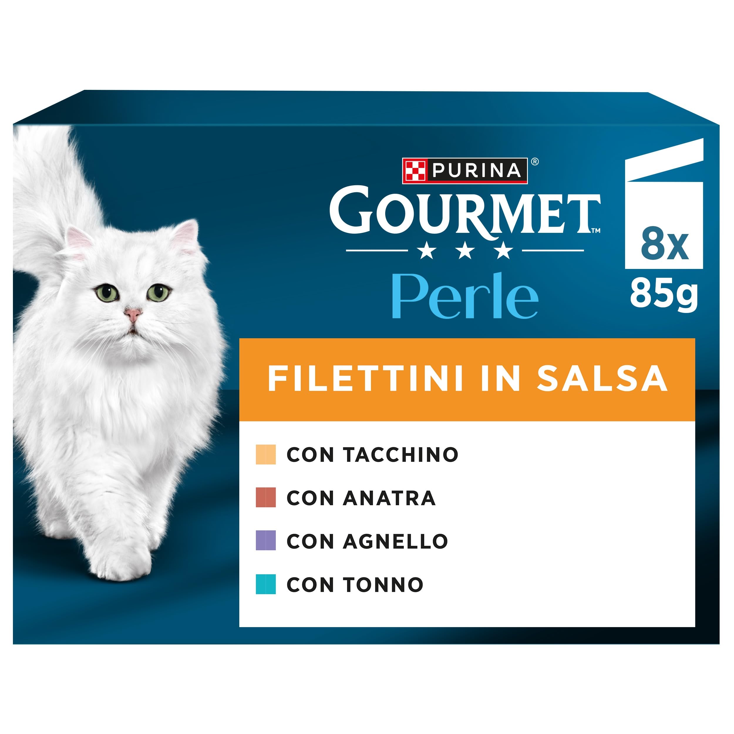 GOURMET Perle Cibo Umido per Gatti Adulti Filettini in Salsa con Tacchino, Tonno, Anatra, Agnello 80 Buste da 85g | Confezione 80x85g | Gusti: Tacchino, Agnello, Tonno, Anatra