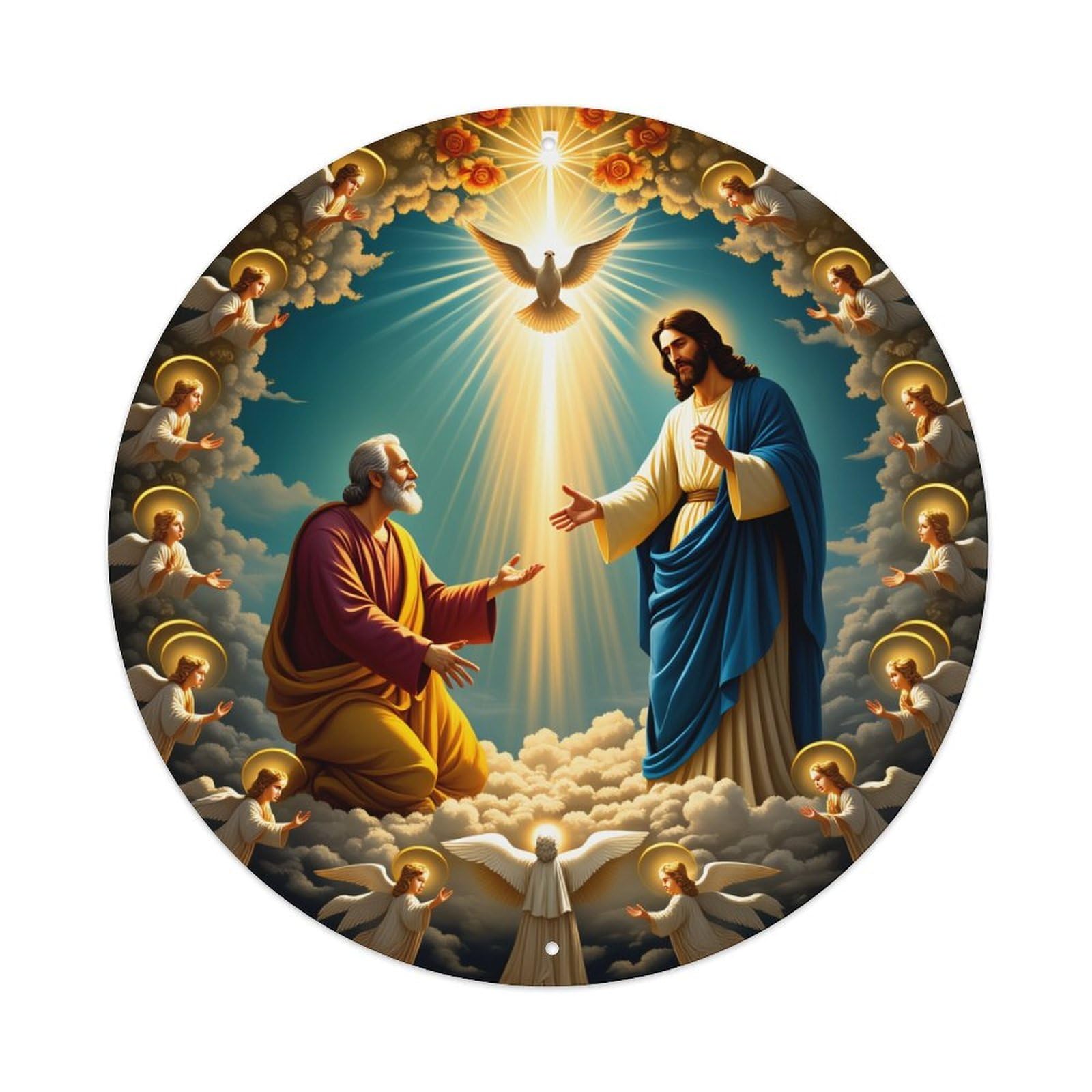 Wmlzdnwr Vintage Divine Light Jesus Christ Holy Spirit Angels Heaven Clouds Glory Faith Round Tin Sign,Retro Wall Art,Metal Poster For Home, Bar, Garage, Cafe, Rustic Indoor & Outdoor Decor, 8X8 Inches