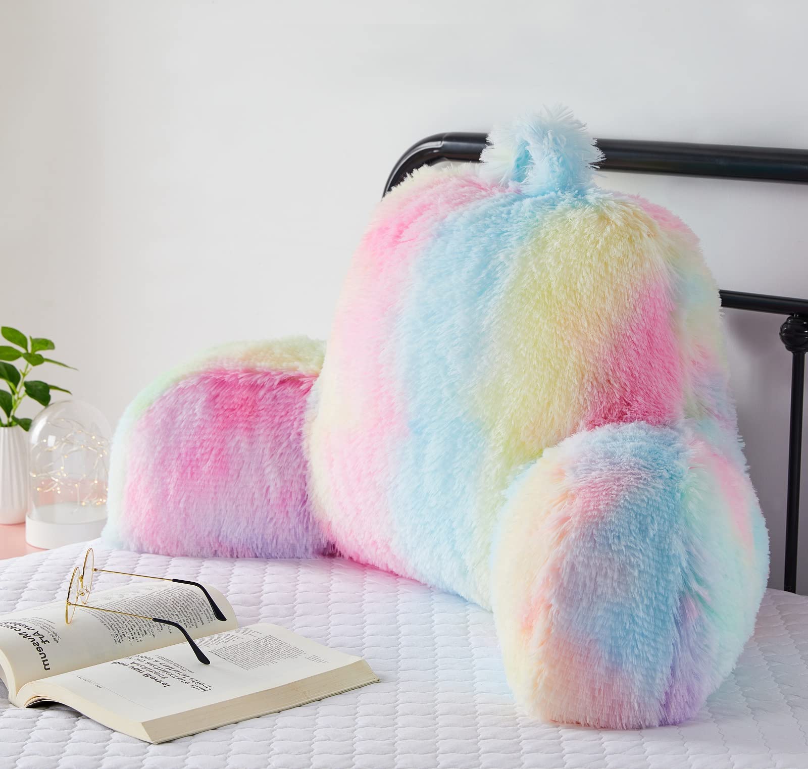 Kunstfell-Rückenlehnenkissen für Kinder, Teenager-Lesekissen mit Armen, flauschiges Rückenstützkissen zum Sitzen im Bett/Couch, Bettkeilkissen für Mädchen, Lese- und Bettruhekissen (Rosa)