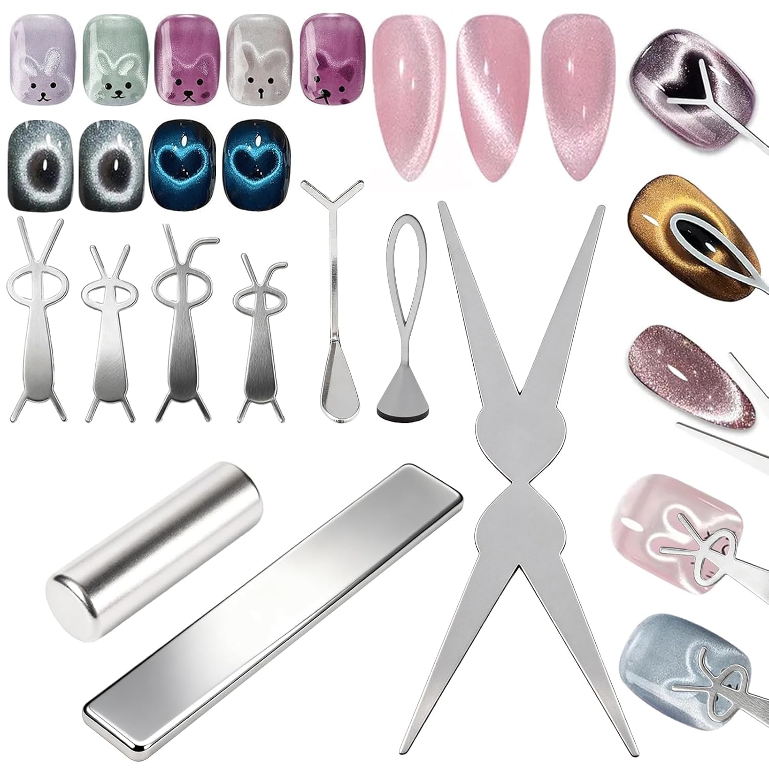 4pcs Cat Eye Magnet Tools, 1 Black Silicone Sleeve Cylindrical Magnet + 2 Scissor-Shaped French Cat-Eye Effect Iron Plates + 1 Y-Shaped Metal Brackets, Heart Magnet for Cat Eye Gel Polish
