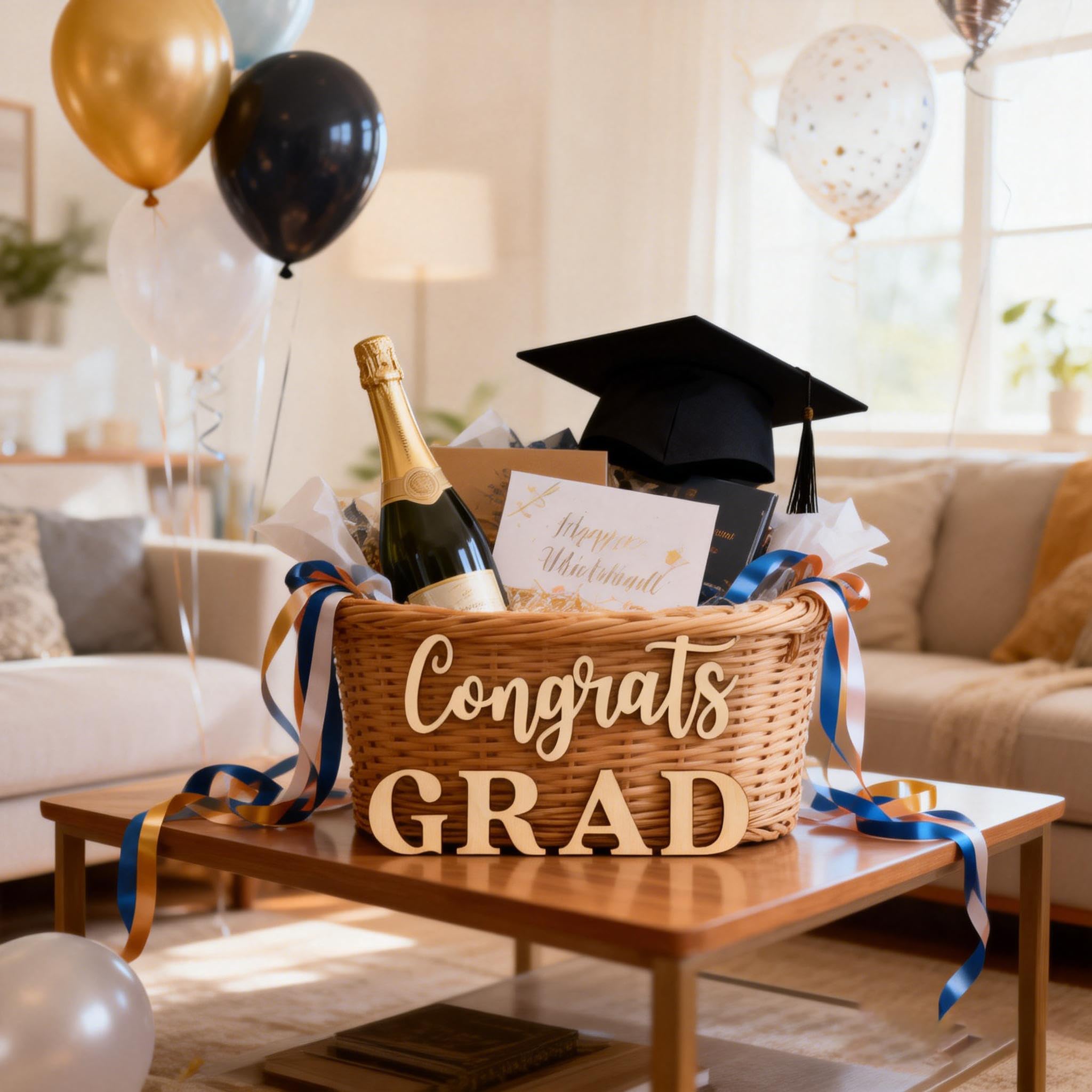 Drewniany znak 'Congrats Grad' na tło, dekoracja łuku balonowego na przyjęcie z okazji ukończenia szkoły, liceum, uczelnia, ukończenie szkoły, uroczystości, dekoracje imprezowe