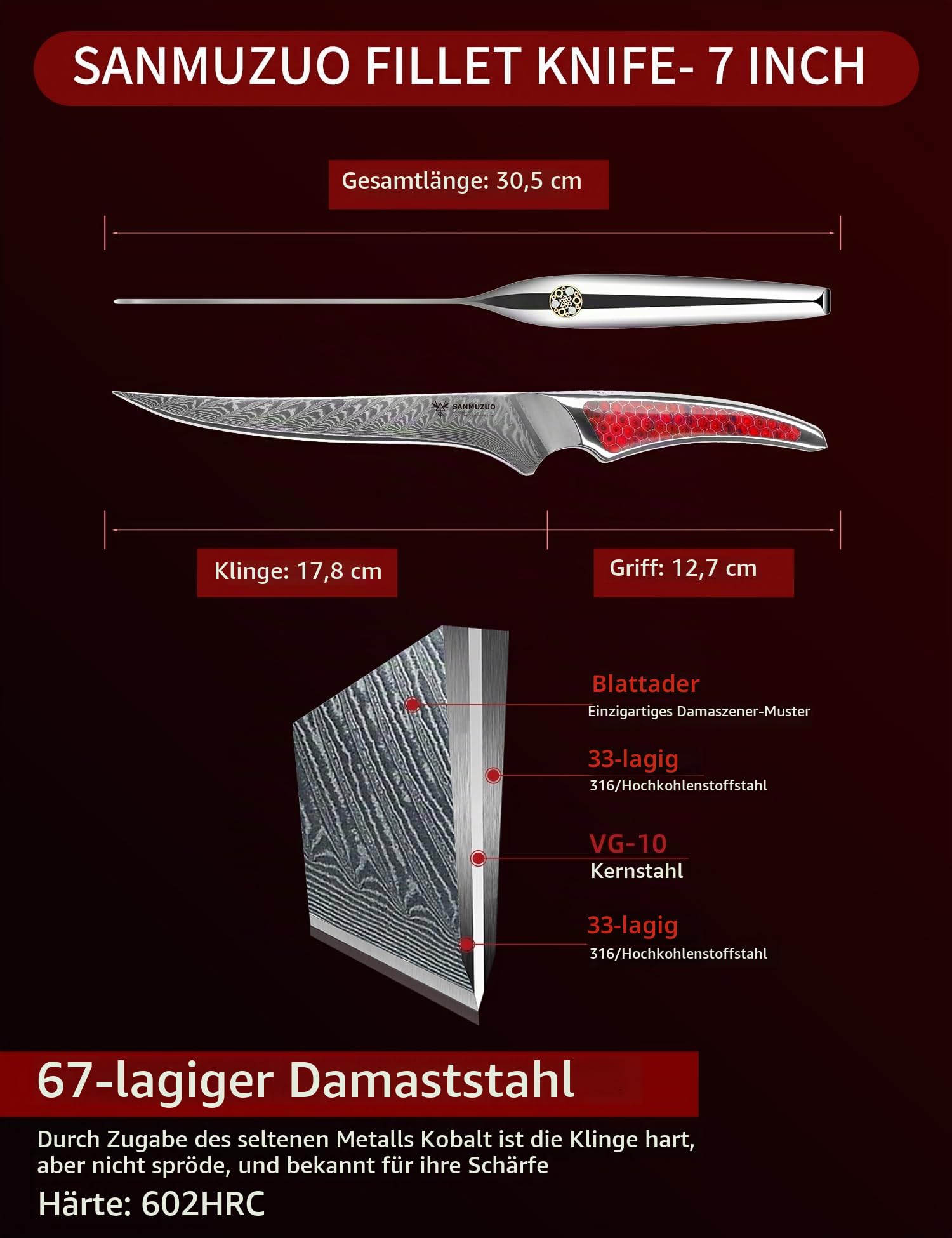 18CM Filetiermesser, Küchen- und Fischmesser aus Japanischem VG-10-Damaszenerstahl, ultrascharfes Ausbeinmesser mit Ergonomischer Griff aus Rot Harz, Serie LA-S9