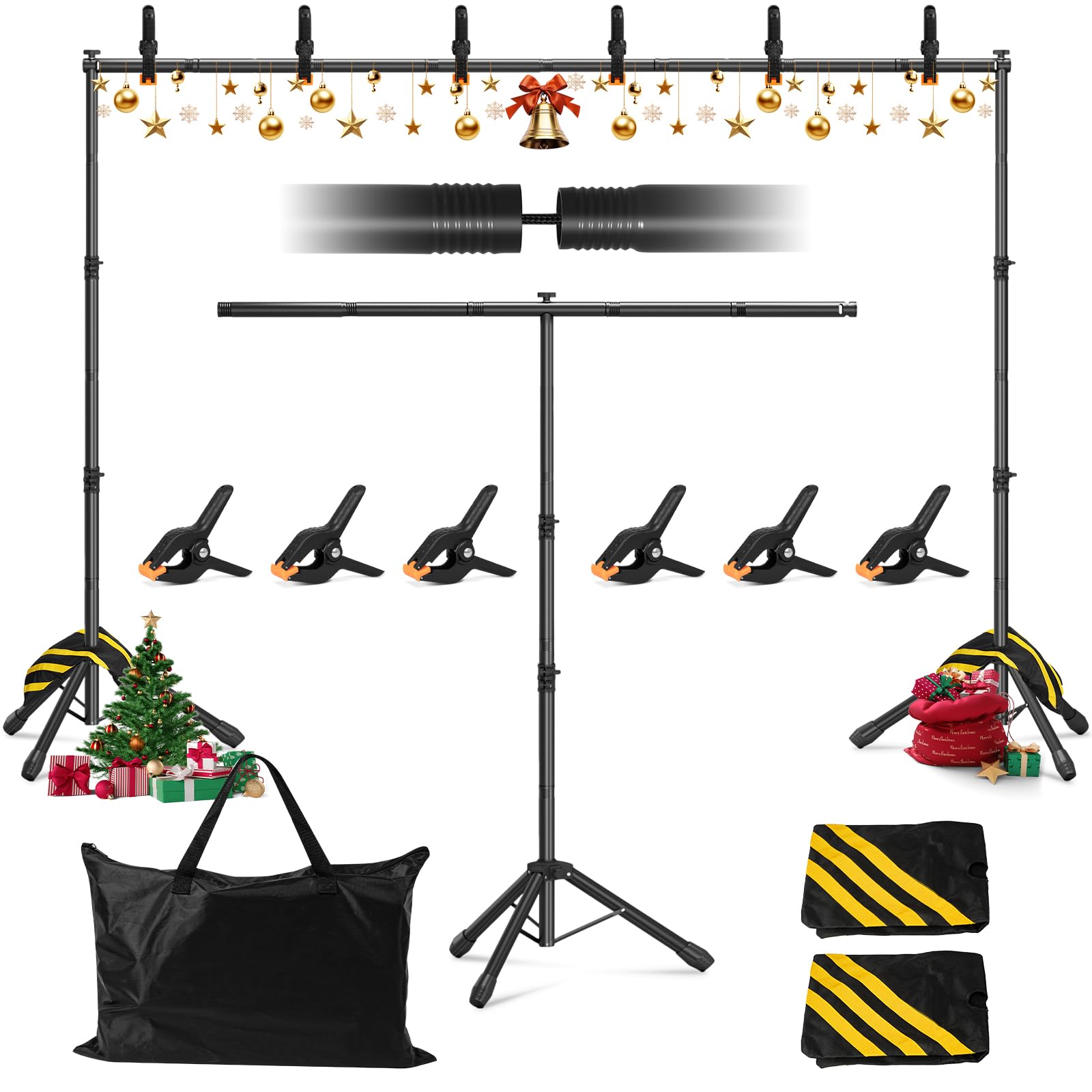 Photo 1 of 3-In-1 Adjustable Backdrop Stand 10x7.5 FT for Photography Studio with Carrying Bag, Portable T-shape Backdrop Stand Kit for Birthday Party, Background Stand for Video Studio with 6 Clamps, 2 Sandbags