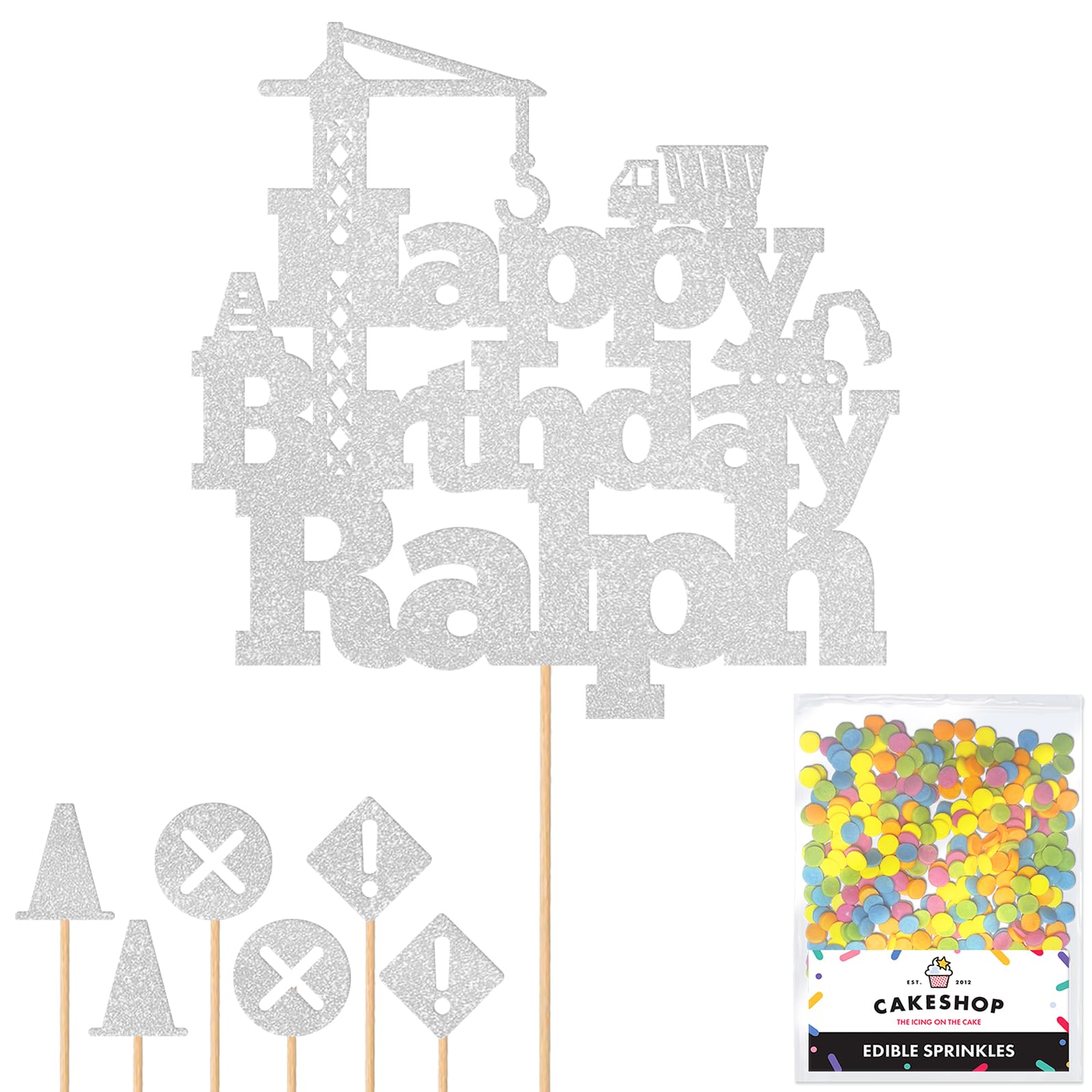 Personalised Construction Site Crane Glitter Cake Topper Silver Any Custom Age & Name Glitter Cake Decoration and Sprinkles - Happy Birthday Decorations - Personalised Toppers for Cakes by Cakeshop — image 1