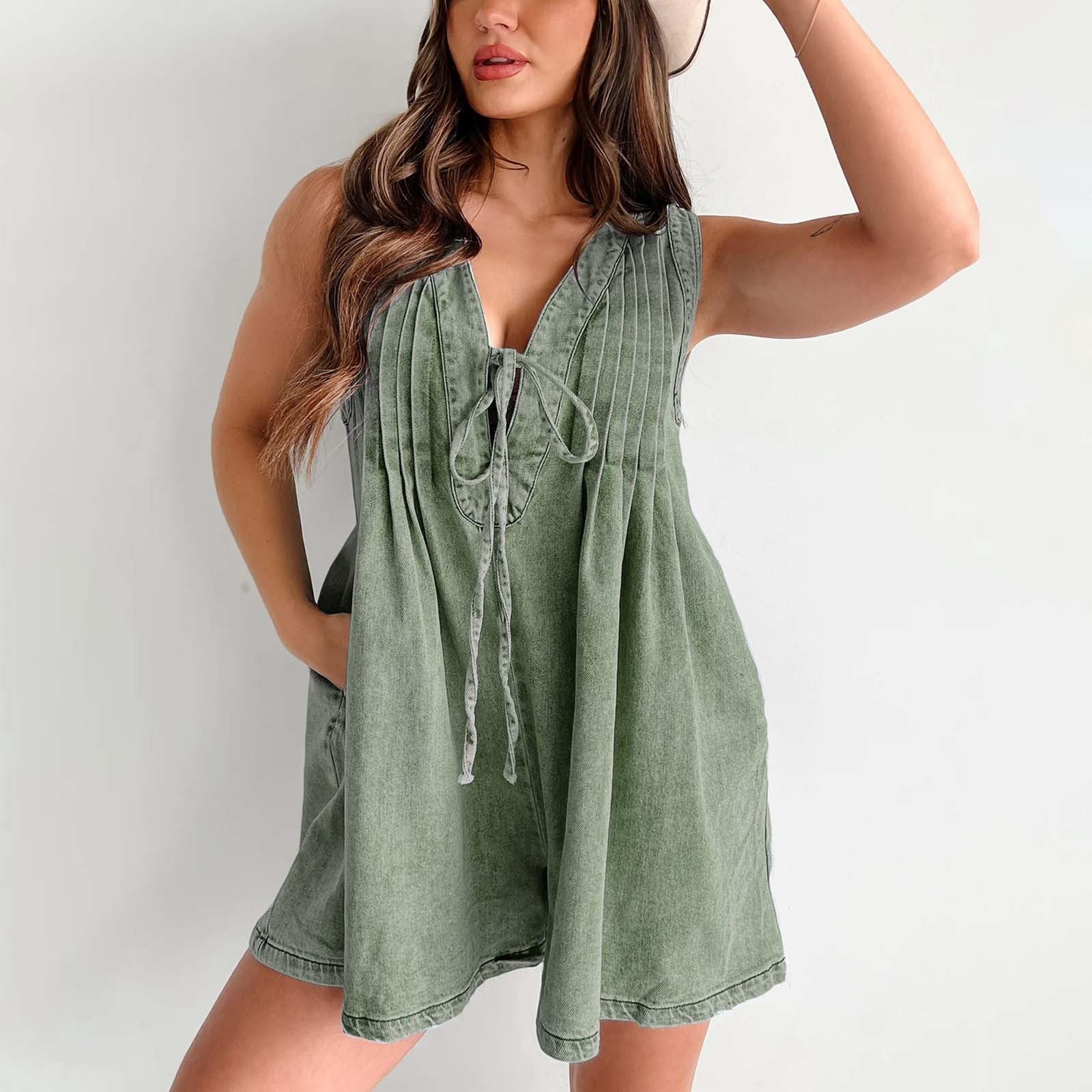 Generisch Tutina da donna, casual, senza maniche, con cravatta sul davanti, in denim, con tasca