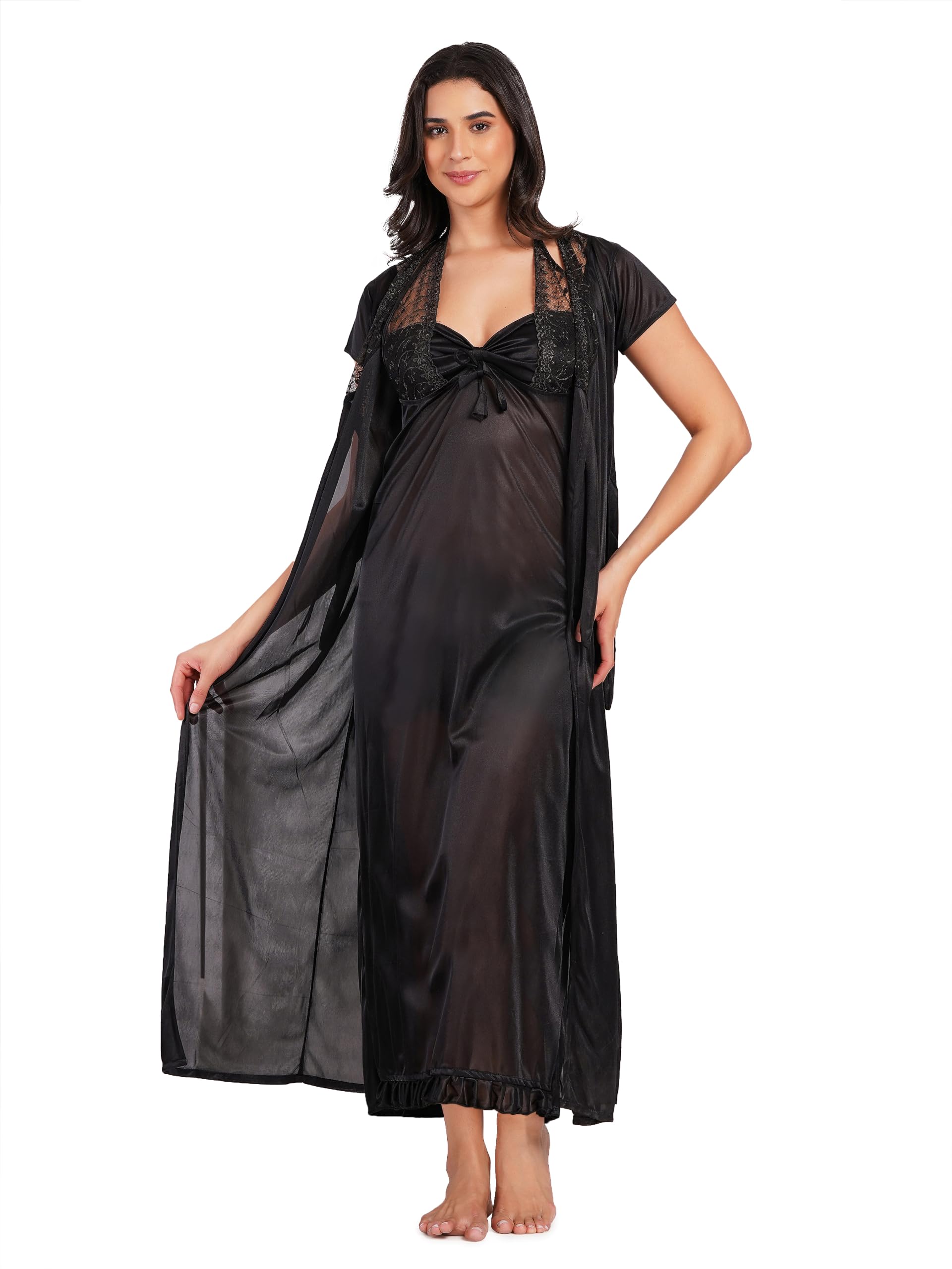 Women's Satin Nightwear Set, Lace Nighty with Long Robe-image-35