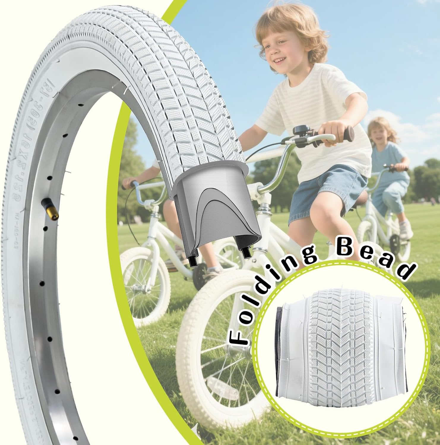 2 Pack 16/18/20 x 2.125 Bike tire White Color with Tubes and Tire Levers 16/18/20 Inch Bike tire Kids Folding Replacement Bicycle Tires Fits Most Kids Bikes and BMX Tires